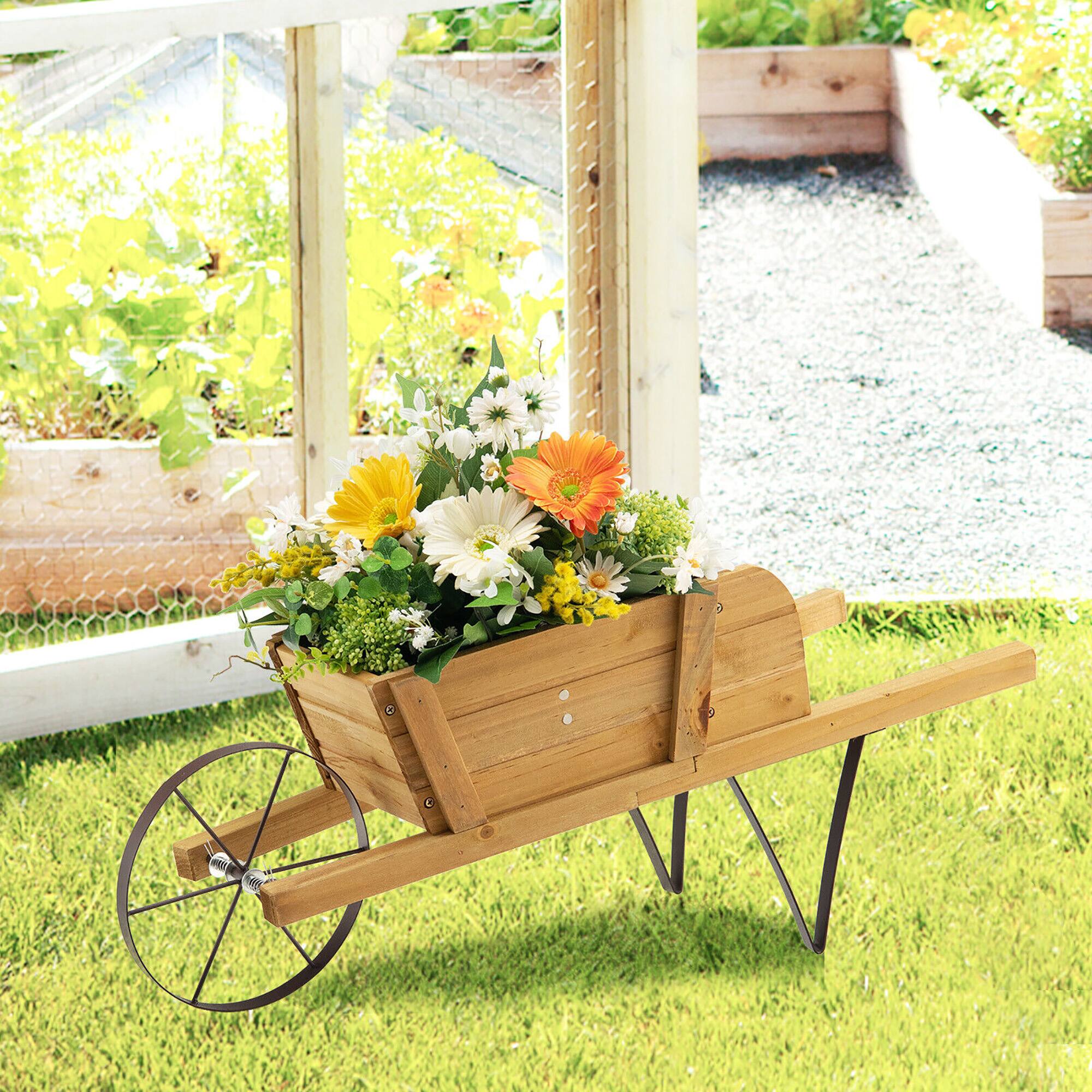 Alt View 1. Gymax - Gymax Wooden Wagon Planter Decorative Indoor/ Outdoor Rustic Flower Cart w/ Wheel Walnut - Walnut.