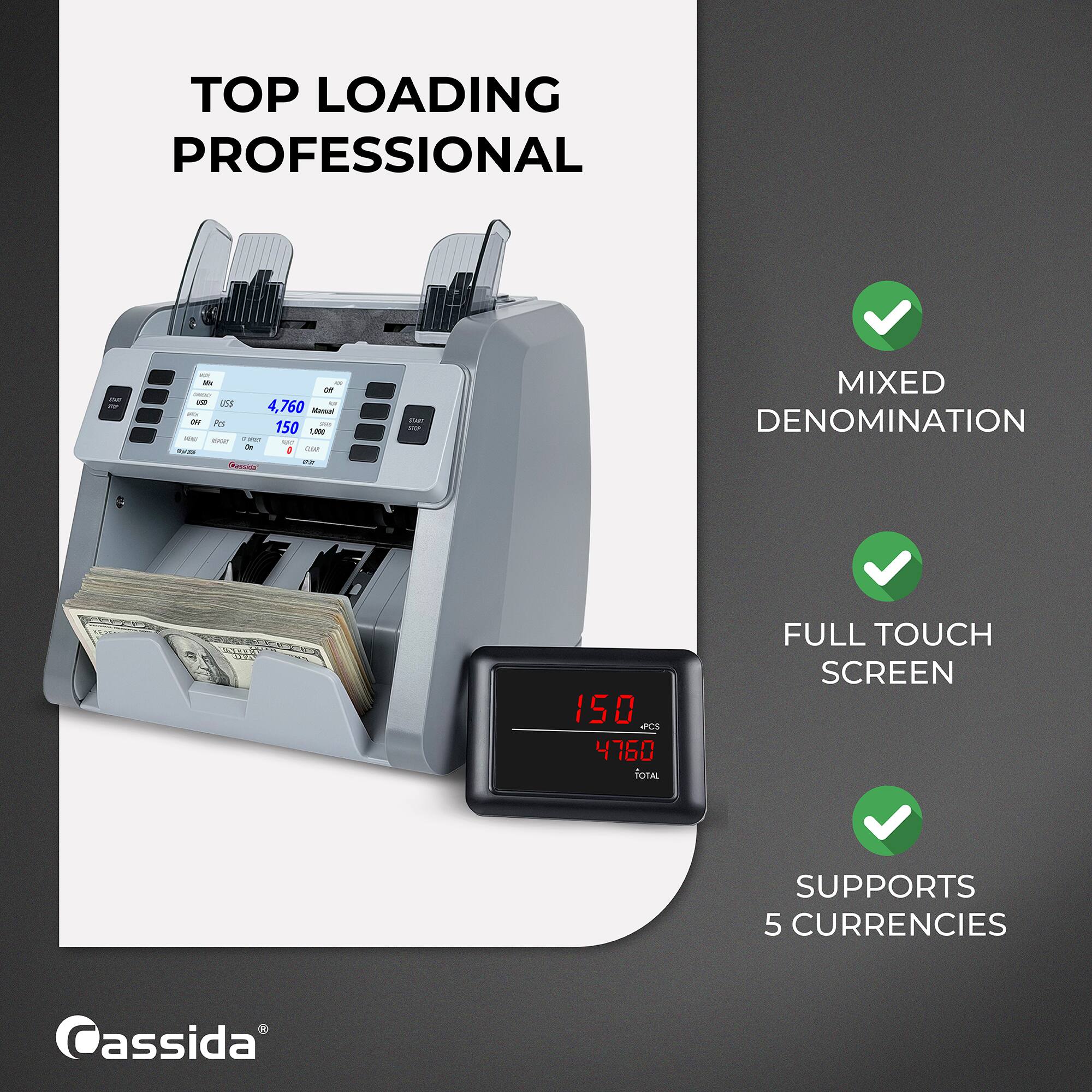 TOP LOADING PROFESSIONAL

Mix or USA USS 4,760 Manual or DO PCS 700 150 1,000 READ and adidas - On COR Cassical Fiber DO MIXED DENOMINATION

150 PCS 4760 7.100

FULL TOUCH SCREEN

TOTAL

SUPPORTS 5 CURRENCIES

Cassida