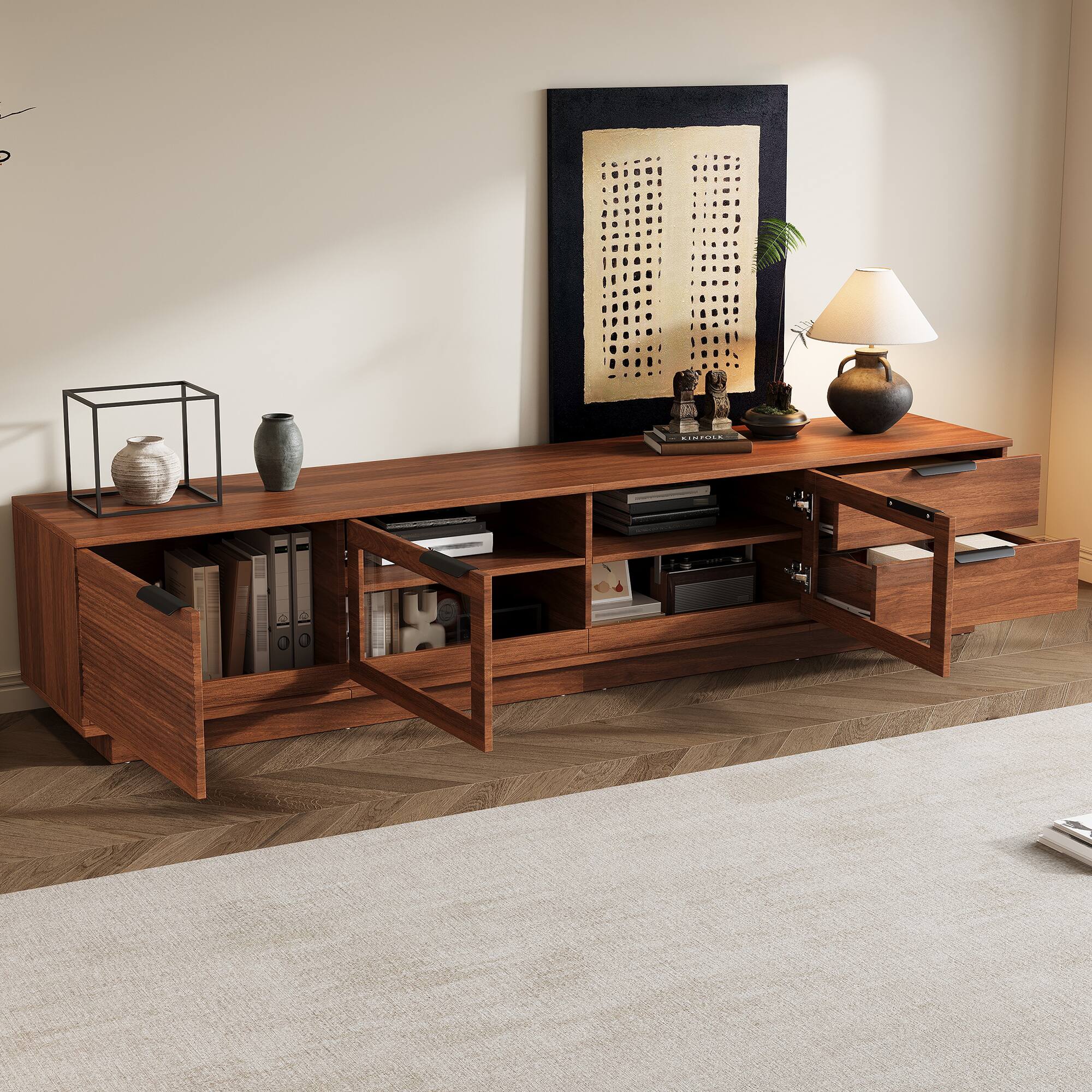 Back. MERAVOM - Mid-Century Modern TV Stand for TVs Up to 85", Entertainment Center with Storage Cabinets and 2 Drawers for Living Room - Walnut.