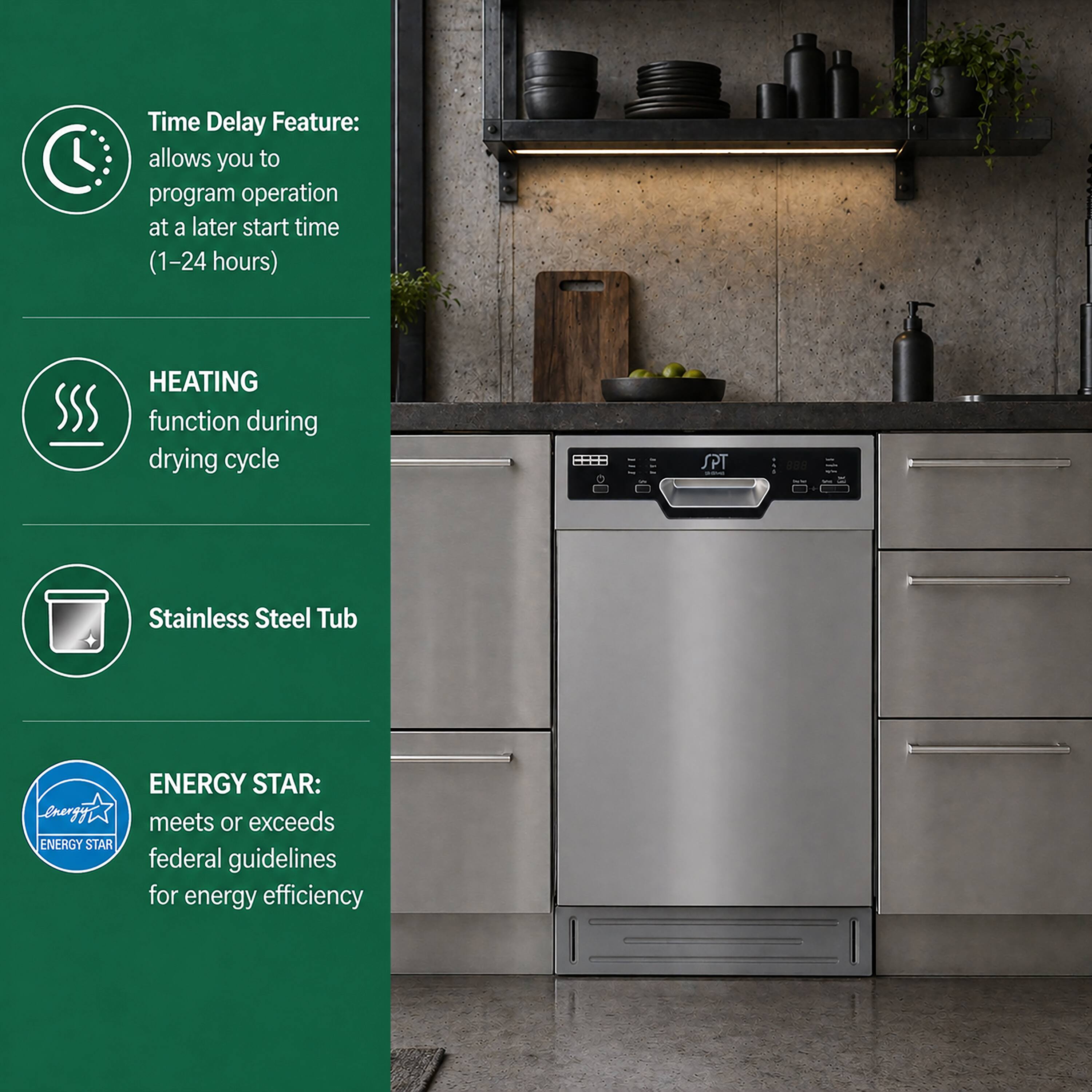 - Time Delay Feature: allows you to program operation at a later start time (1–24 hours)
- HEATING function during drying cycle
- Stainless Steel Tub
- ENERGY STAR: meets or exceeds federal guidelines for energy efficiency