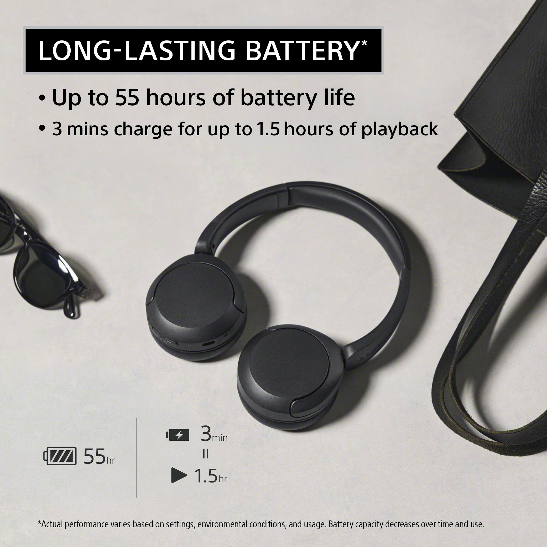 LONG-LASTING BATTERY*

- Up to 55 hours of battery life
- 3 mins charge for up to 1.5 hours of playback

55hr
3min
1.5hr

*Actual performance varies based on settings, environmental conditions, and usage. Battery capacity decreases over time and use.