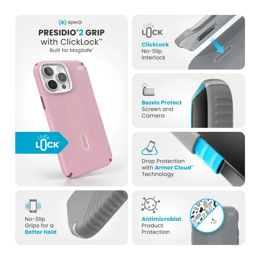 The text on the image can be grouped and corrected as follows:

1. Speck Presidio2 Grip with ClickLock: Built for MagSafe
2. ClickLock: No-Slip Interlock
3. Bezels Protect Screen and Camera
4. ClickLock: Drop Protection with Armor Cloud Technology
5. No-Slip Grips for a Better Hold
6. Antimicrobial Product Protection