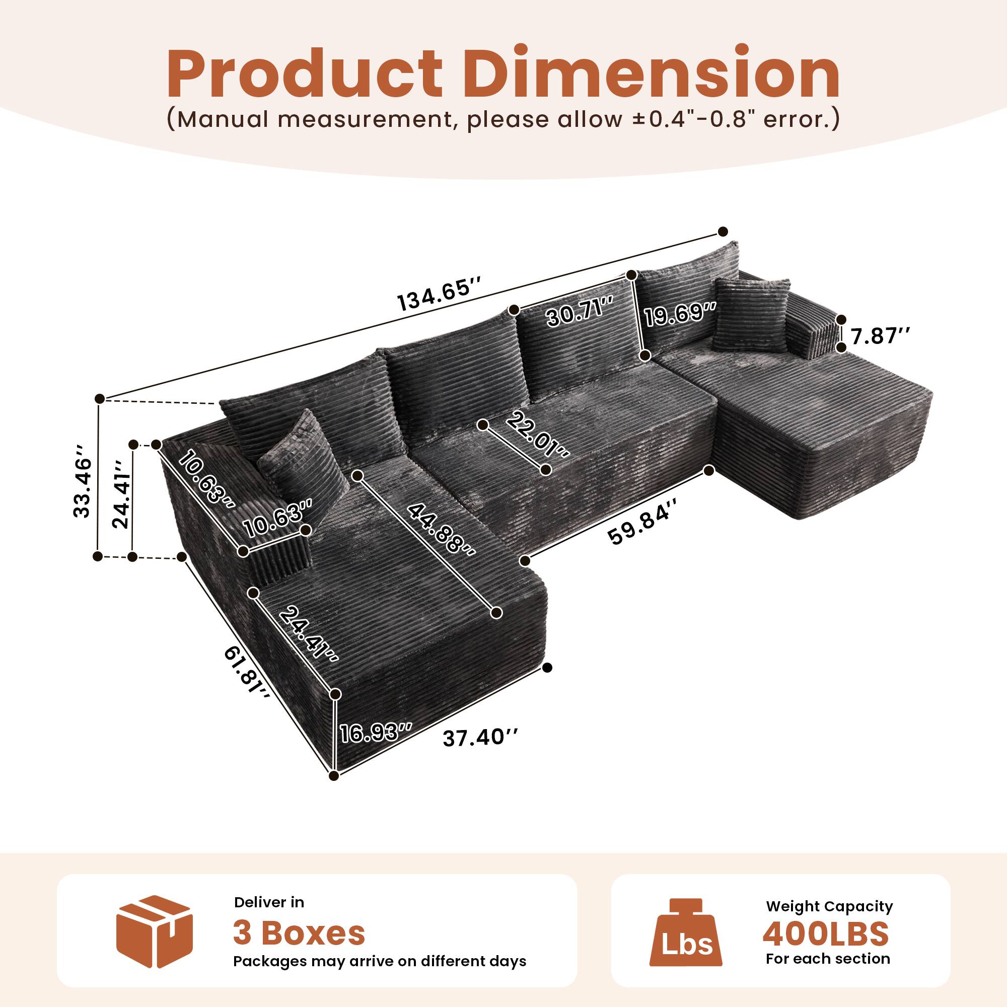 Product Dimension  
(Manual measurement, please allow ±0.4"-0.8" error.)  

134.65"  
30.71"  
19.69"  
7.87"  
33.46"  
24.41"  
22.01"  
10.63"  
10.63"  
44.88"  
59.84"  
24.41"  
61.81"  
16.93"  
37.40"  

Deliver in 3 Boxes  
Packages may arrive on different days  

Weight Capacity  
400LBS  
For each section