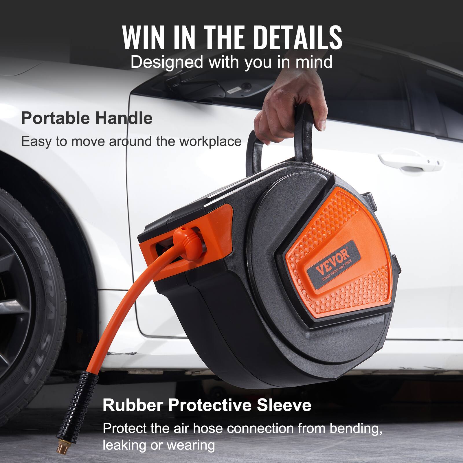 WIN IN THE DETAILS  
Designed with you in mind  

Portable Handle  
Easy to move around the workplace  

Rubber Protective Sleeve  
Protect the air hose connection from bending, leaking or wearing