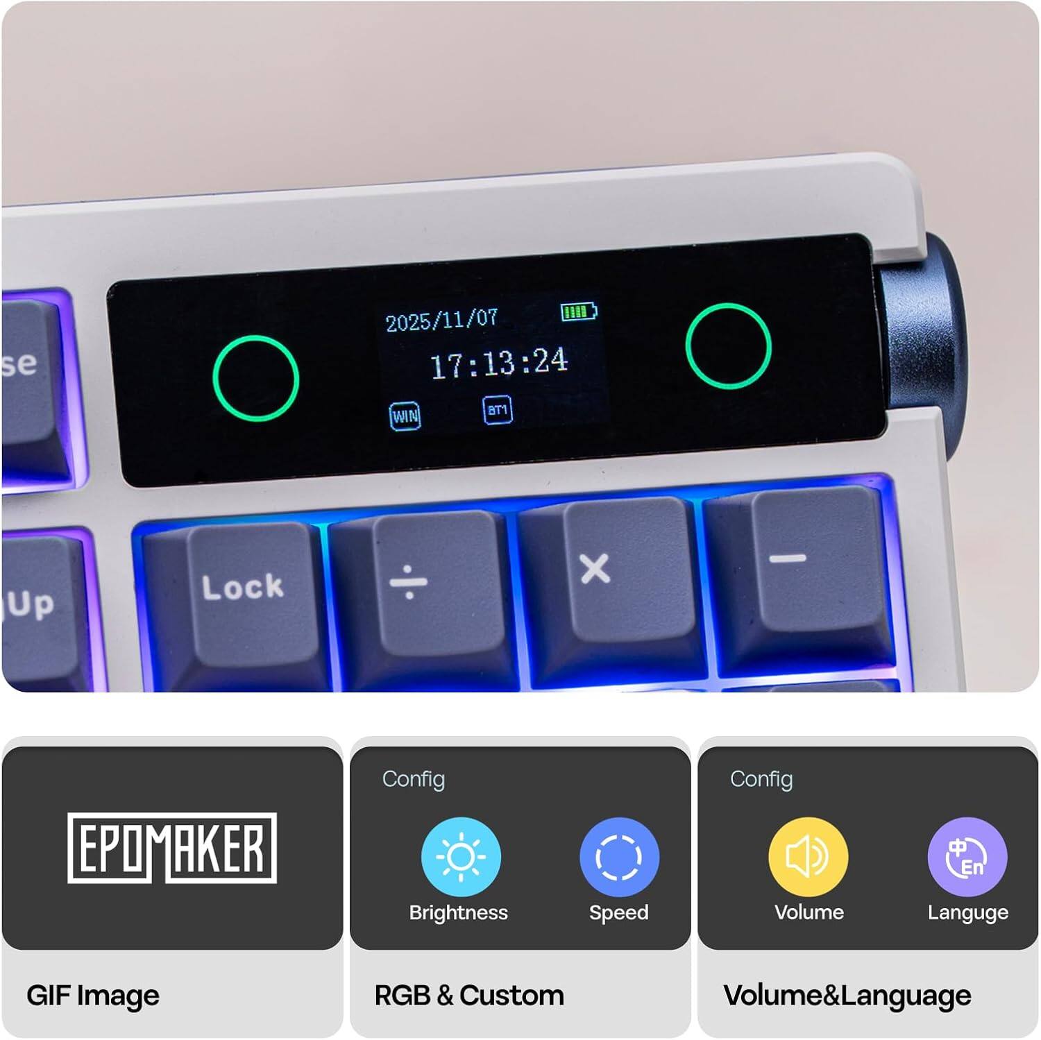 se II1 2025/11/07 17:13:24 WIN BT1 Up Lock x EPOMAKER Config Brightness Speed Config Volume En Language GIF Image RGB & Custom Volume&Language