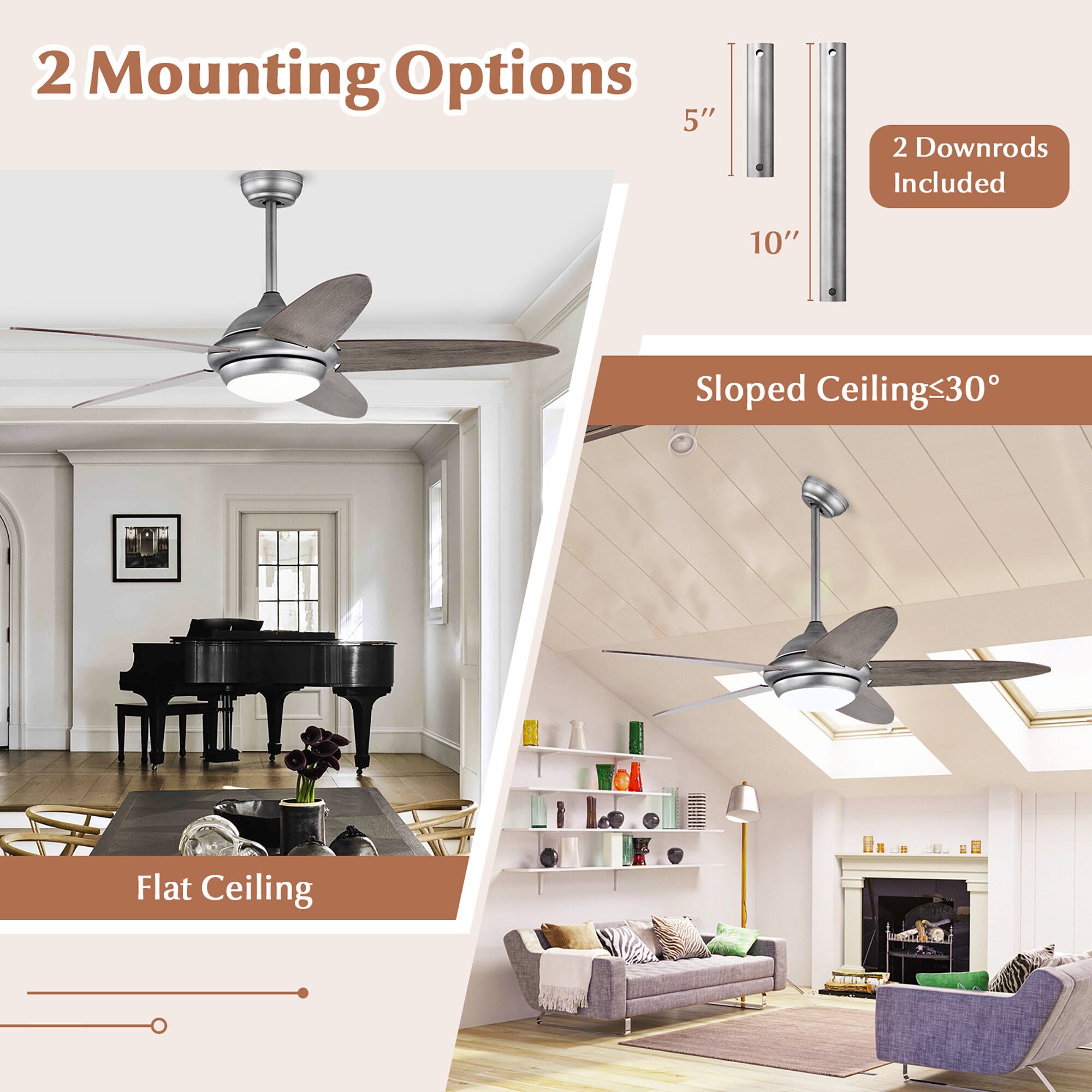 The text on the image reads: "2 Mounting Options 5" 2 Downrods Included 10" Sloped Ceilings 30 Flat Ceiling". This text is grouped and corrected as follows:

"2 Mounting Options: 5" and 10" Sloped Ceilings or 30" Flat Ceiling. 2 Downrods Included."