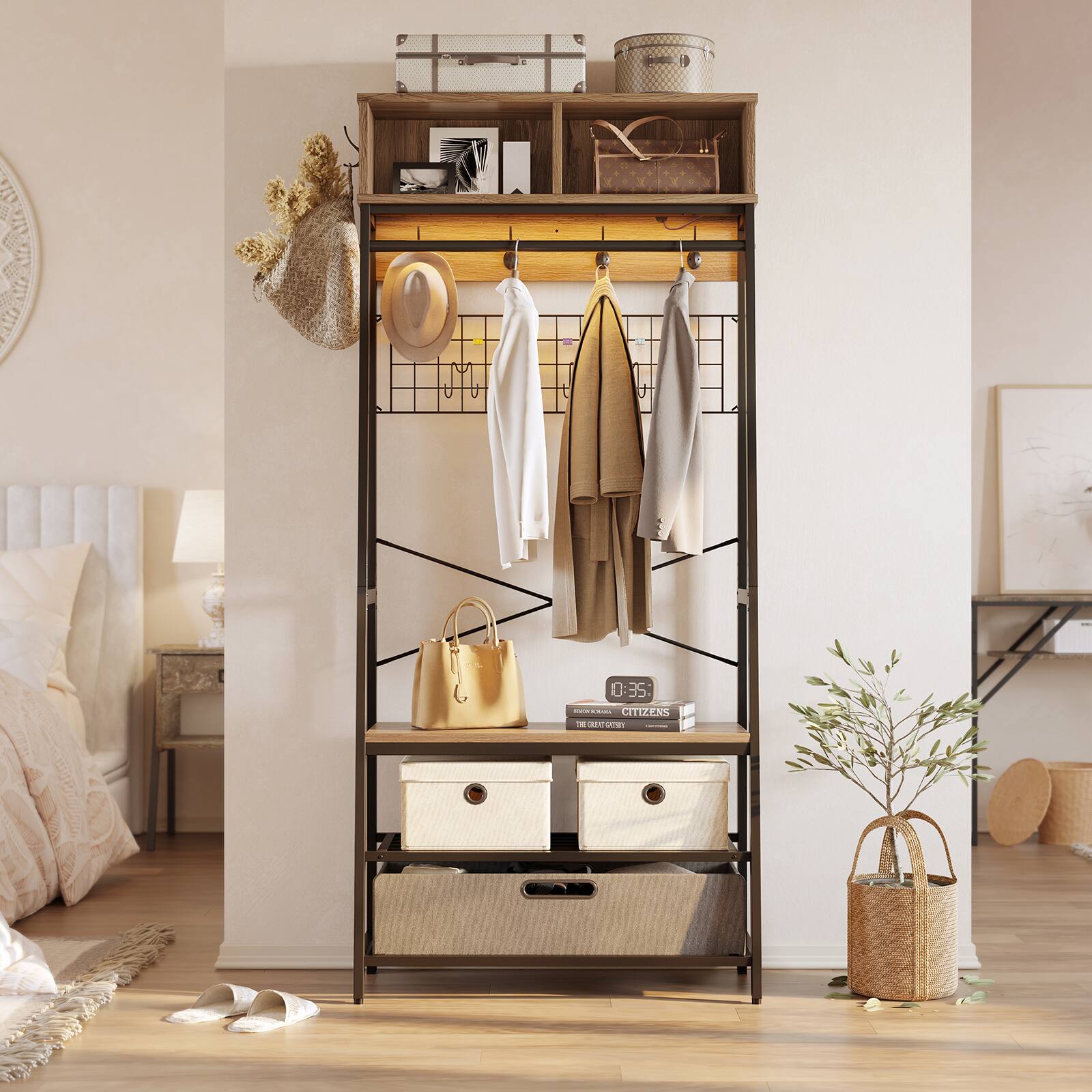 Bestier - 5-in-1 Hall Tree Entryway Coat Rack with LED Lights Bench and Shoe Storage with Sturdy Metal Frame - Walnut