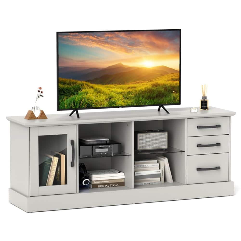 Pefilos - 63 Inches Media Console Table with 3 Drawers and 2 Glass Shelves, Entertainment Center, TV Stand - Gray