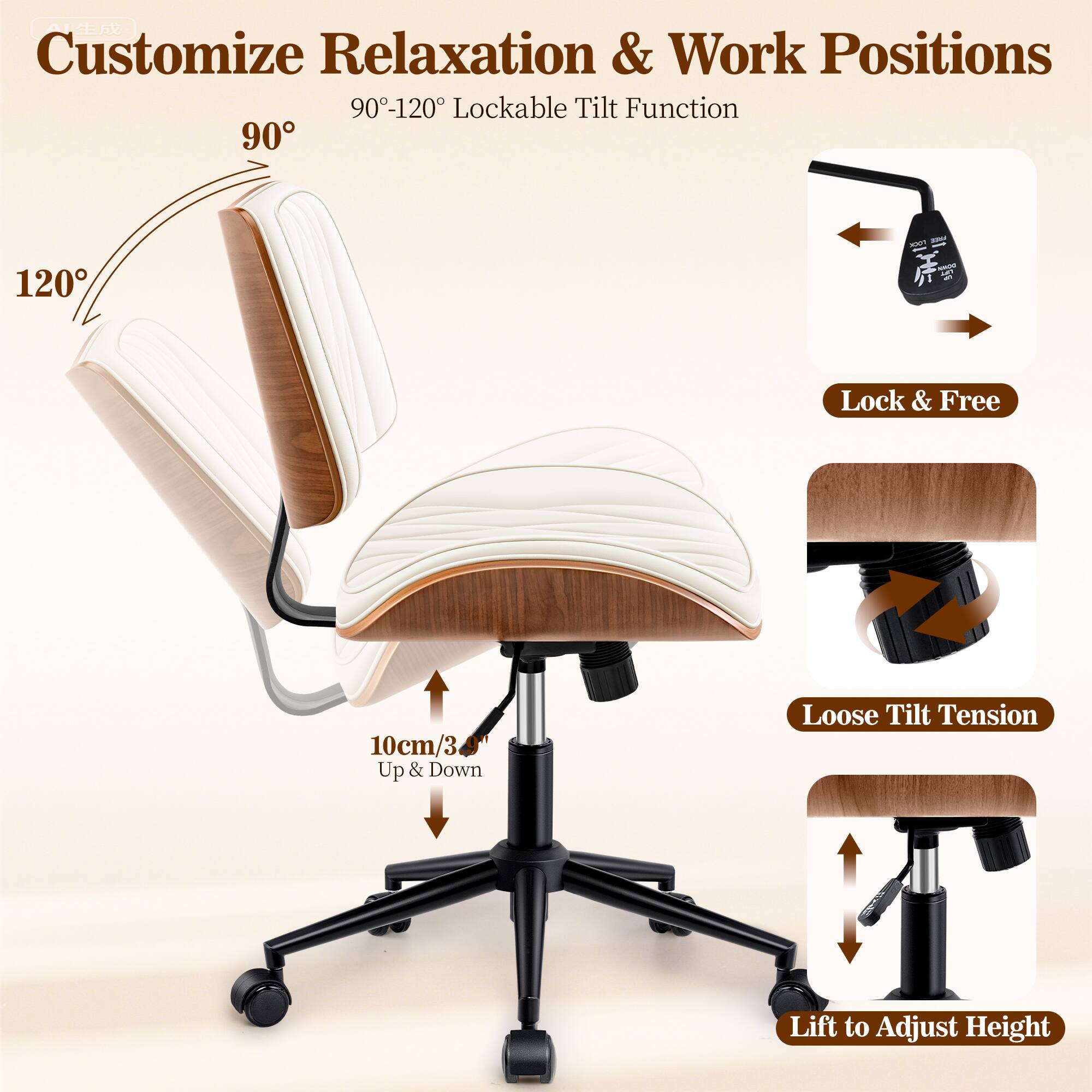 Customize Relaxation & Work Positions  
90°-120° Lockable Tilt Function  
Lock & Free  
Loose Tilt Tension  
10cm/3.9" Up & Down  
Lift to Adjust Height