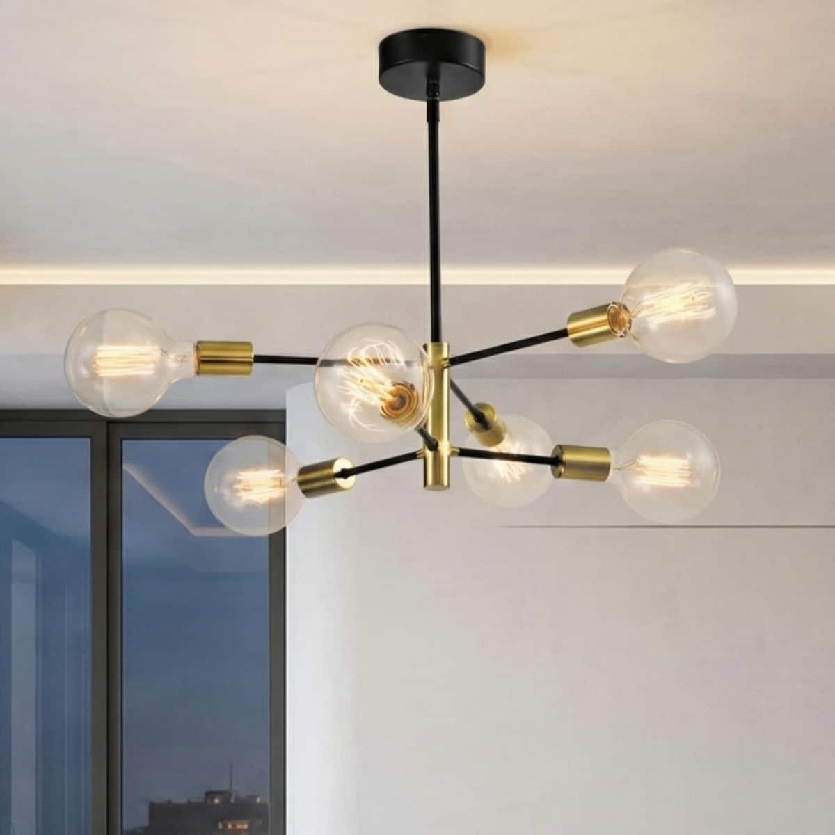 Loheer - Modern Sputnik Chandelier, 6-Light Black and Brass Fixture with Adjustable Height