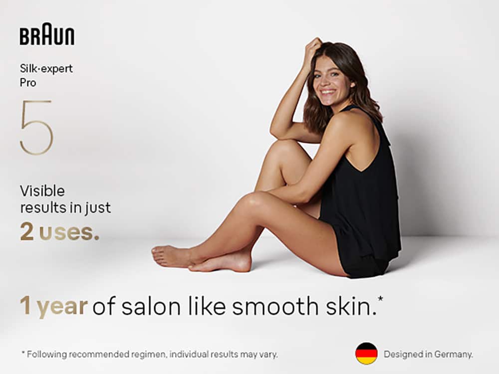 Braun Silk-expert Pro 5 Visible results in just 2 uses. 1 year of salon-like smooth skin. Following recommended regimen. Individual results may vary. Designed in Germany.
