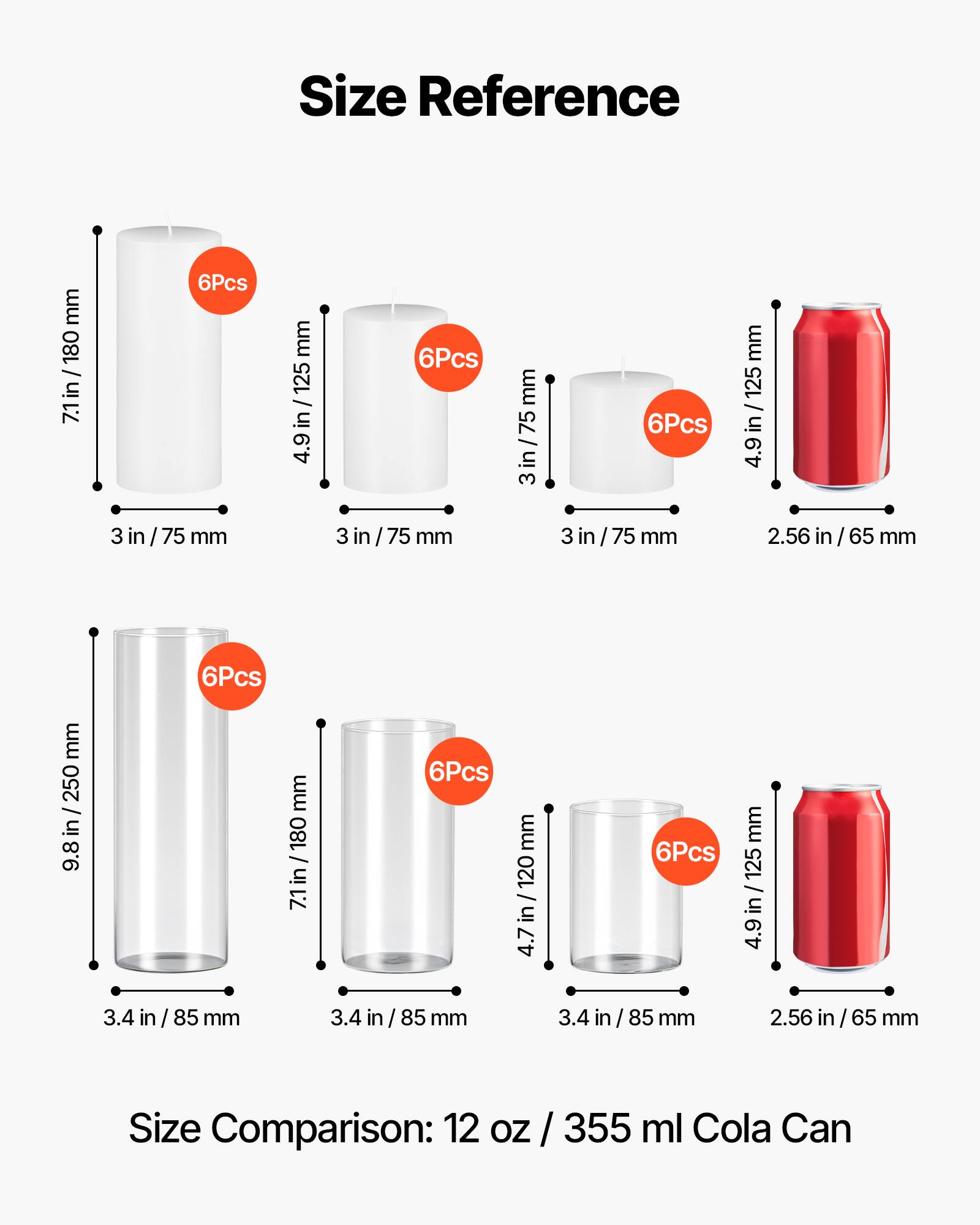 Size Reference

- 7.1 in / 180 mm
- 4.9 in / 125 mm
- 3 in / 75 mm
- 2.56 in / 65 mm
- 9.8 in / 250 mm
- 7.1 in / 180 mm
- 4.7 in / 120 mm
- 3.4 in / 85 mm

Size Comparison: 12 oz / 355 ml Cola Can