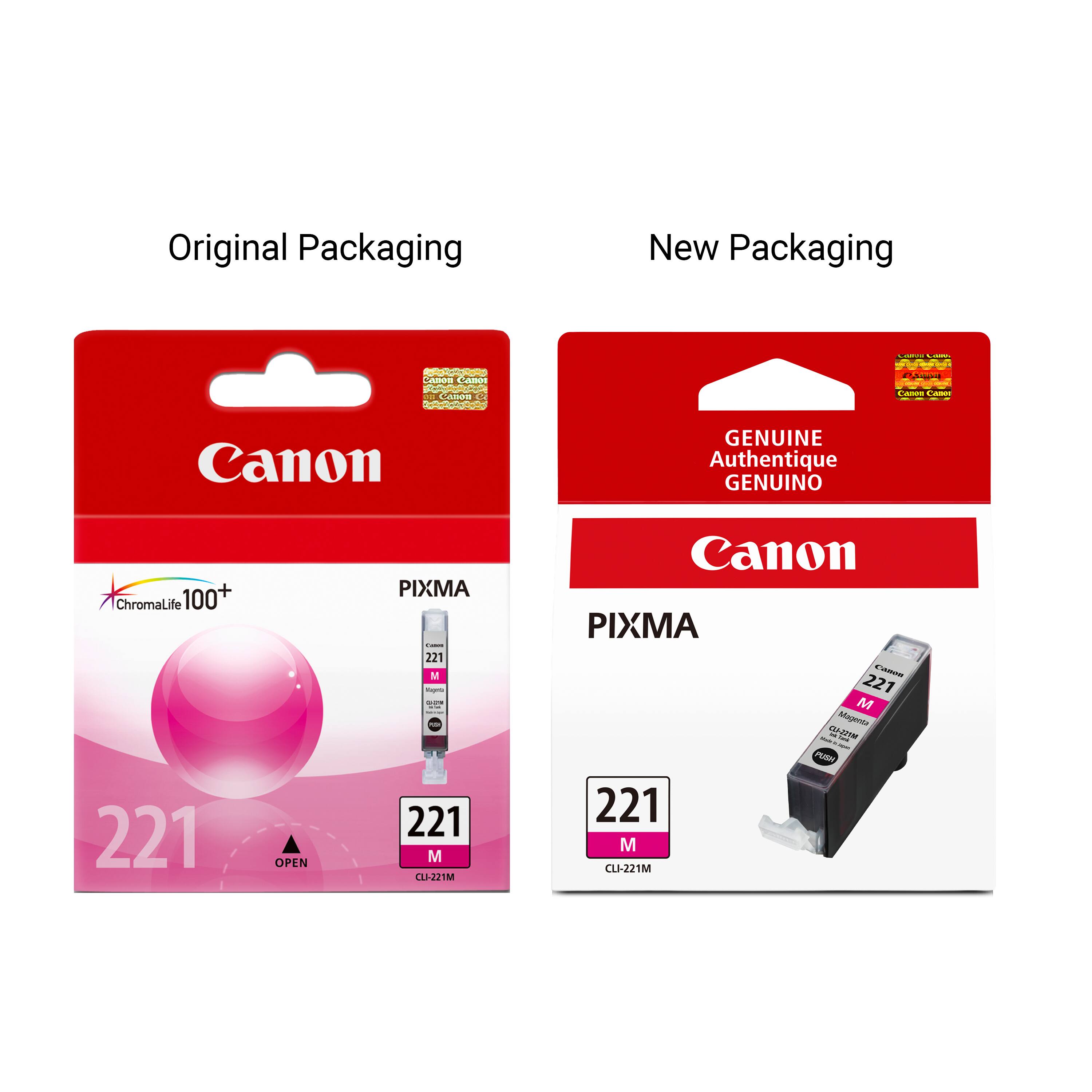Original Packaging  
New Packaging  
Canon Camon 200022  
Canon  
GENUINE Authentique GENUINO  
ChromaLife 100+ 221  
OPEN  
PIXMA - 221 M Vigens SUGAR Pub - - 221 M CLI-221M  
Canon PIXMA CAMON 221 M Magenta - CLI-221M