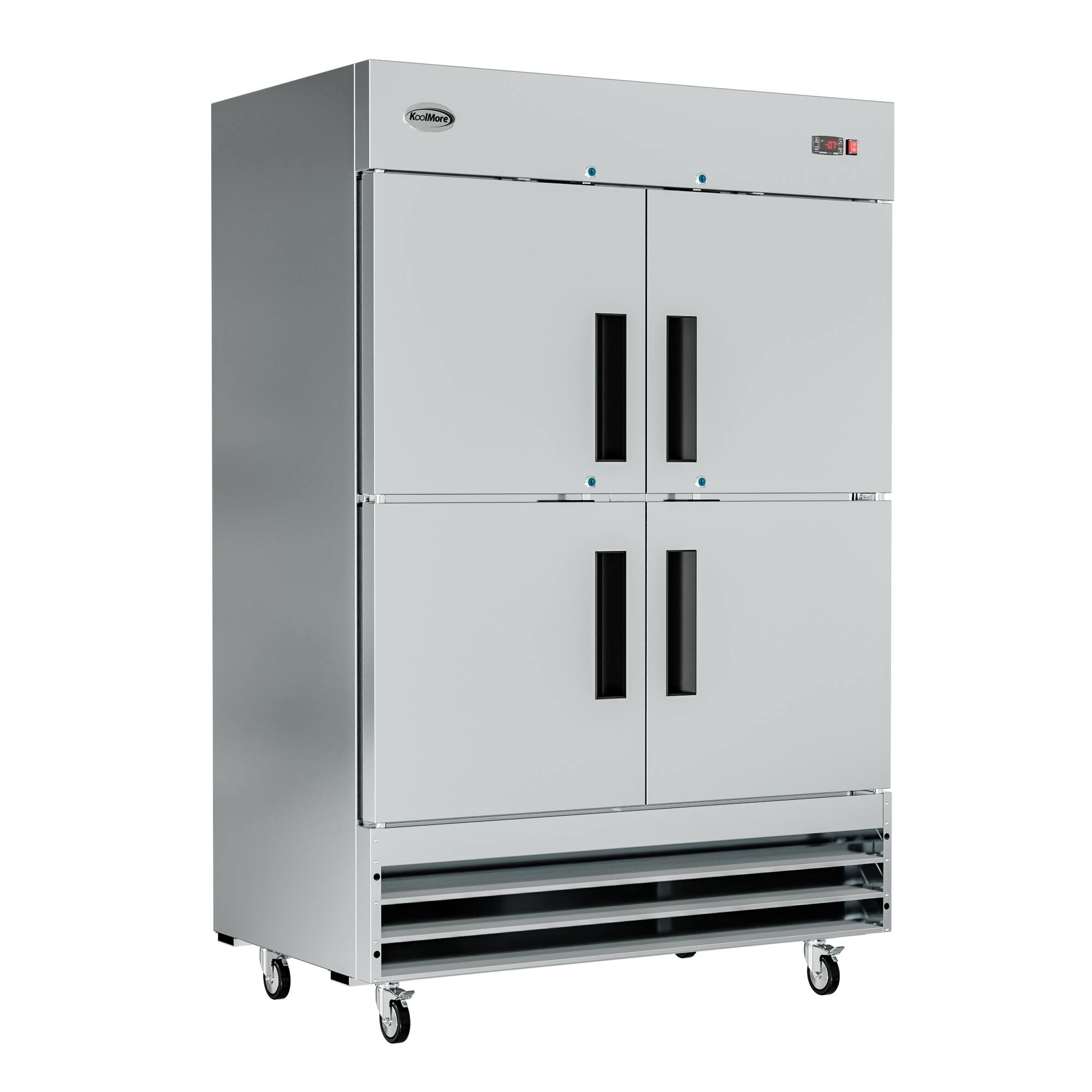 Left. Koolmore - 54 in. Commercial Stainless Steel Solid Half Door Reach-In Freezer, 47 cu. ft. RIF-2D-SSHD - Stainless steel.