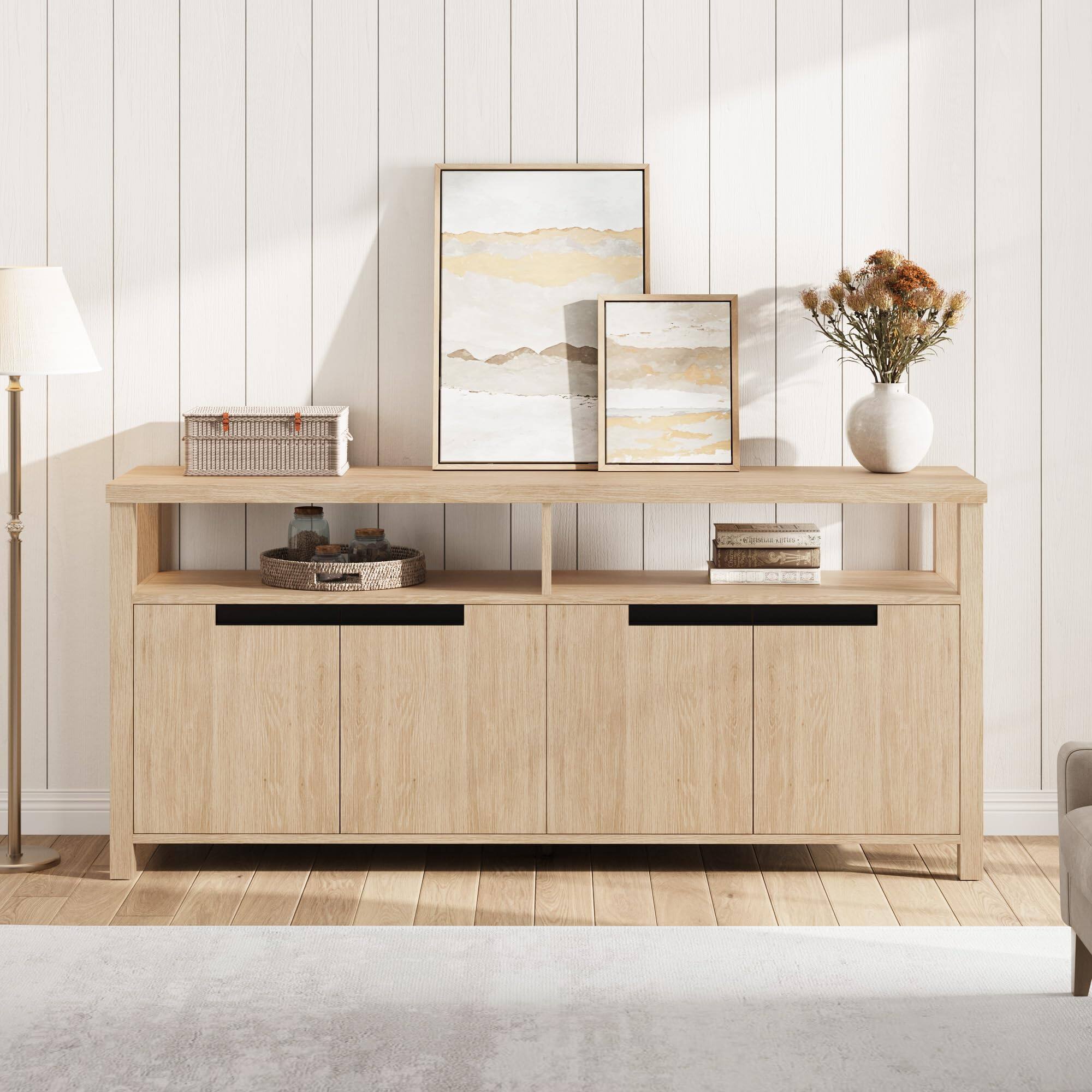 Left. GAOMON - GAOMON 63" Boho TV Stand for 70" TV, Long Entertainment Center with 4 Doors, Open Shelf & Adjustable Storage - Natural.