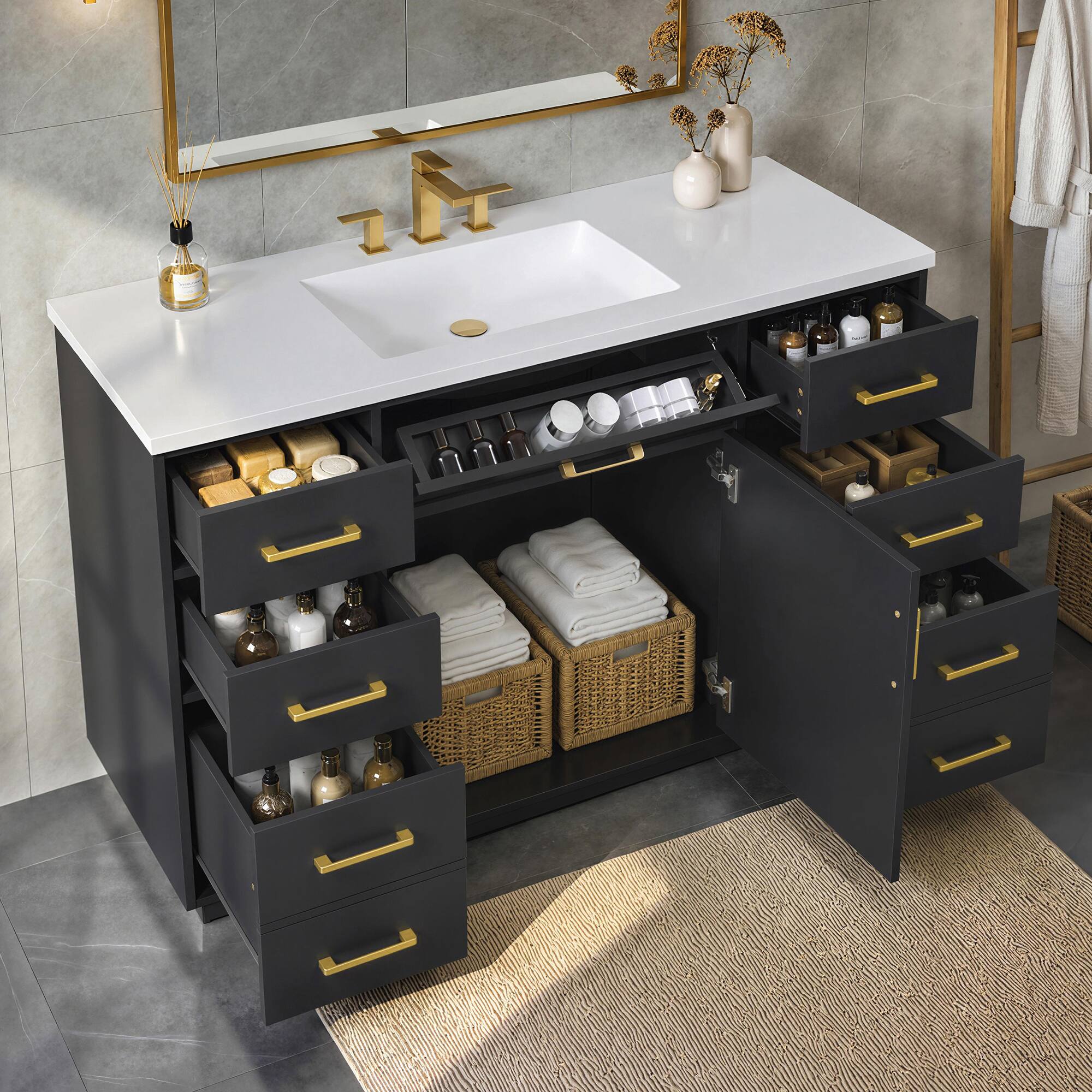 Angle. JUJABU - Freestanding 48'' Black Bathroom Vanity with Sink Top,7 Drawers,1 Door and Soft Close Hinges - Black.