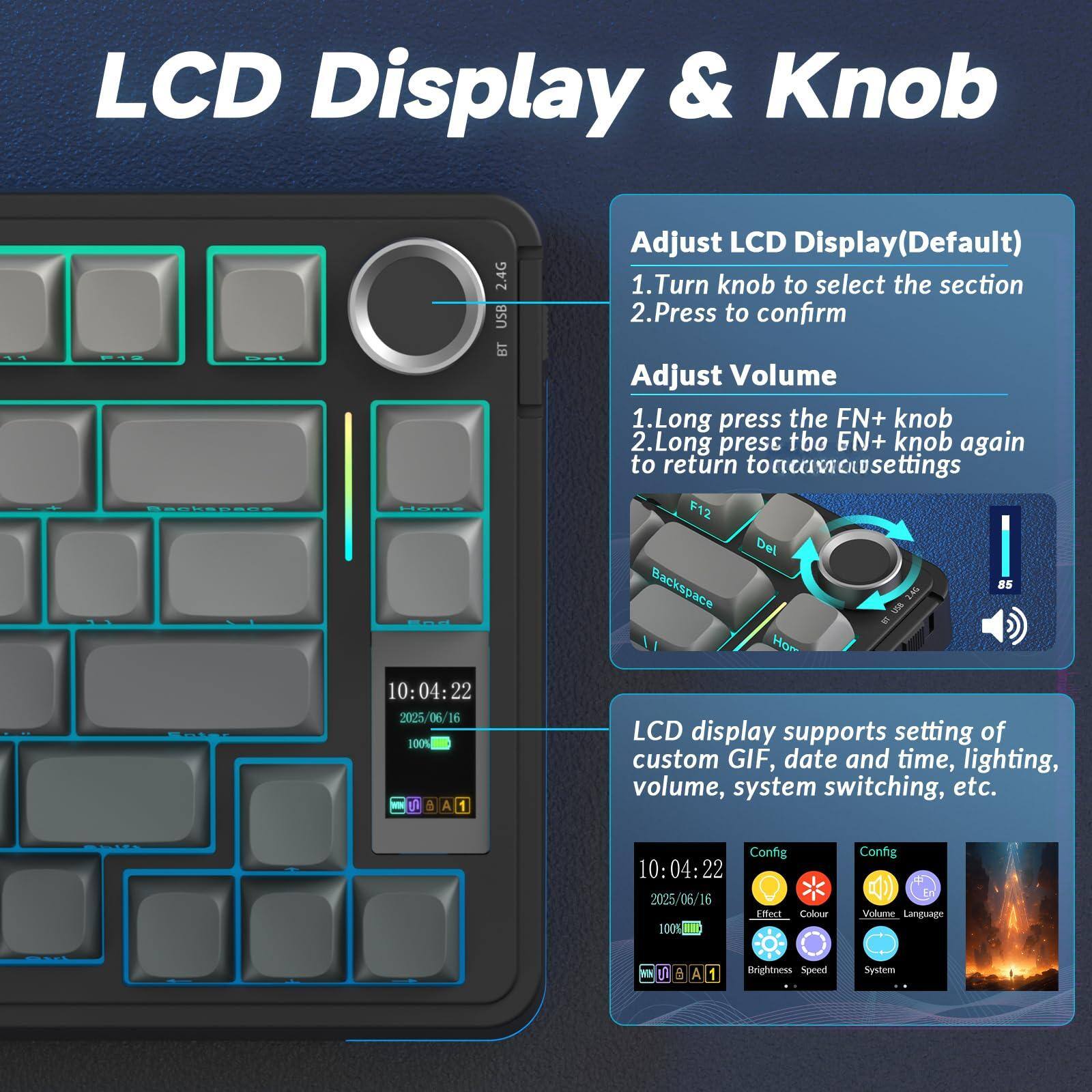 **LCD Display & Knob**

**Adjust LCD Display (Default)**
1. Turn knob to select the section
2. Press to confirm

**Adjust Volume**
1. Long press the FN+ knob
2. Long press the FN+ knob again to return to settings

**LCD display supports setting of custom GIF, date and time, lighting, volume, system switching, etc.**

- Config
  - Effect
  - Colour
  - Volume
  - Language
  - Brightness
  - Speed
  - System

**USB BT 2.4G**

**Backspace** **Home** **F12** **Del**

**10:04:22** **2025/06/16** **100%**

**85**