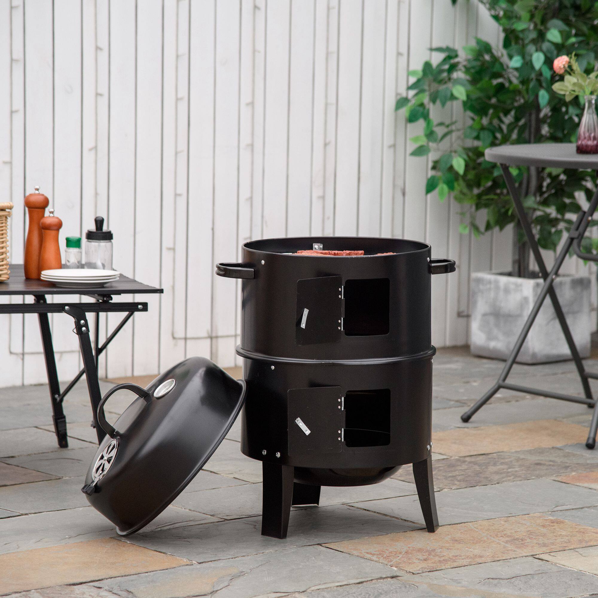 Alt View 1. Outsunny - Vertical Charcoal BBQ Smoker, 3-in-1 16" Round Charcoal Barbecue Grill with 2 Cooking Area, and Thermometer - Black.