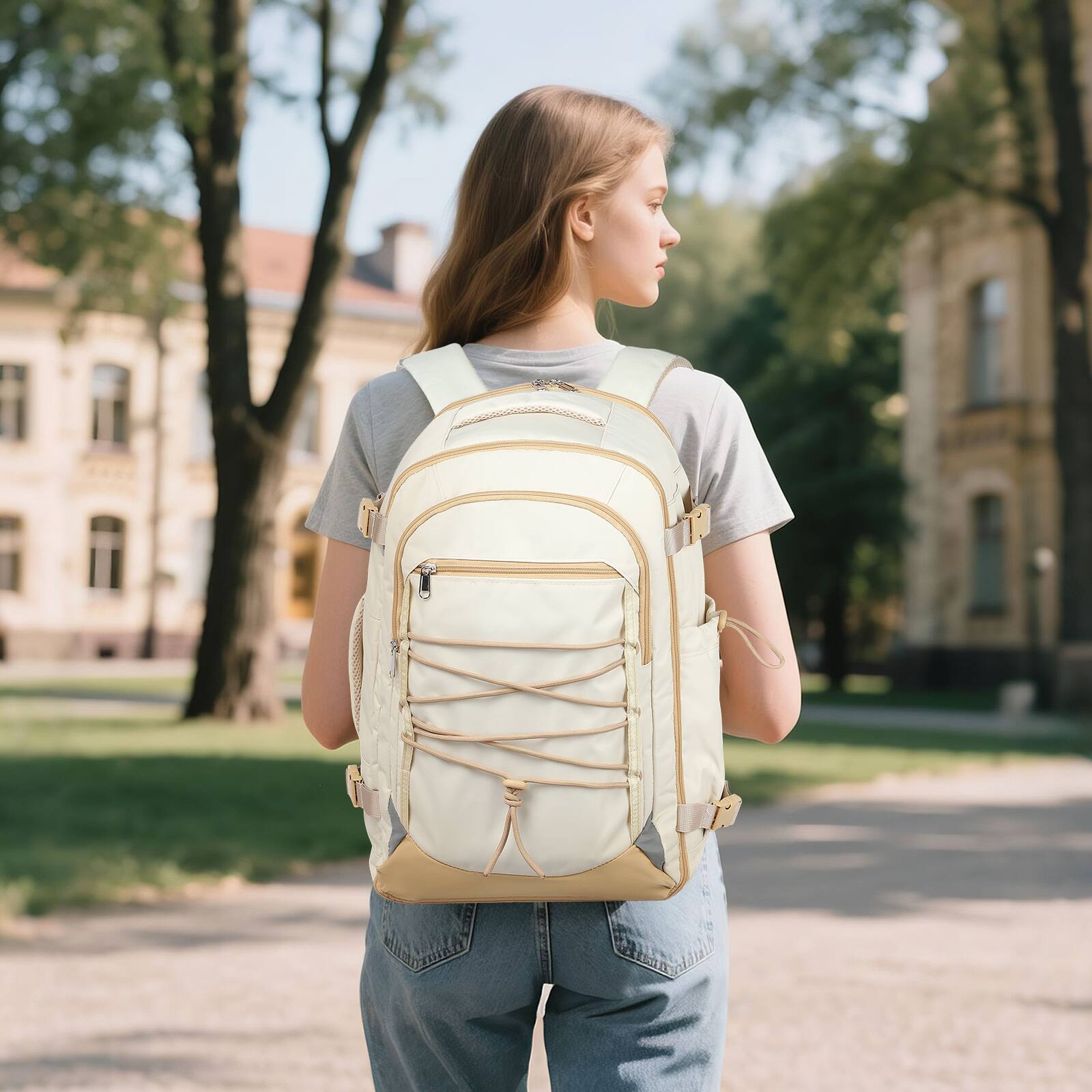 Alt View 5. Unique Bargains - Carry on Travel Backpack, Flight Approved Personal Item, Door Lock, USB A/C, Shoe Bag, Fits 16" Laptop - Beige.