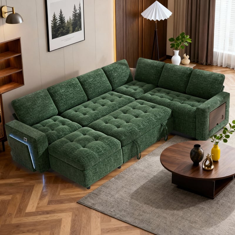 Front. Dyonery - Dyonery 7-seater U-shaped sofa, with pull-out bed, reclining backrest, storage cabinet, tool-free assembly, snow velvet - Green.