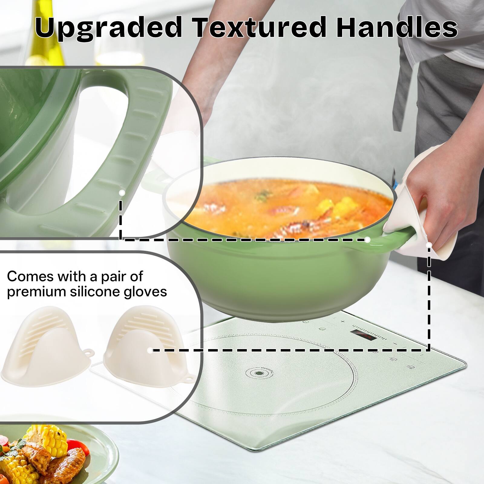 Upgraded Textured Handles

Comes with a pair of premium silicone gloves