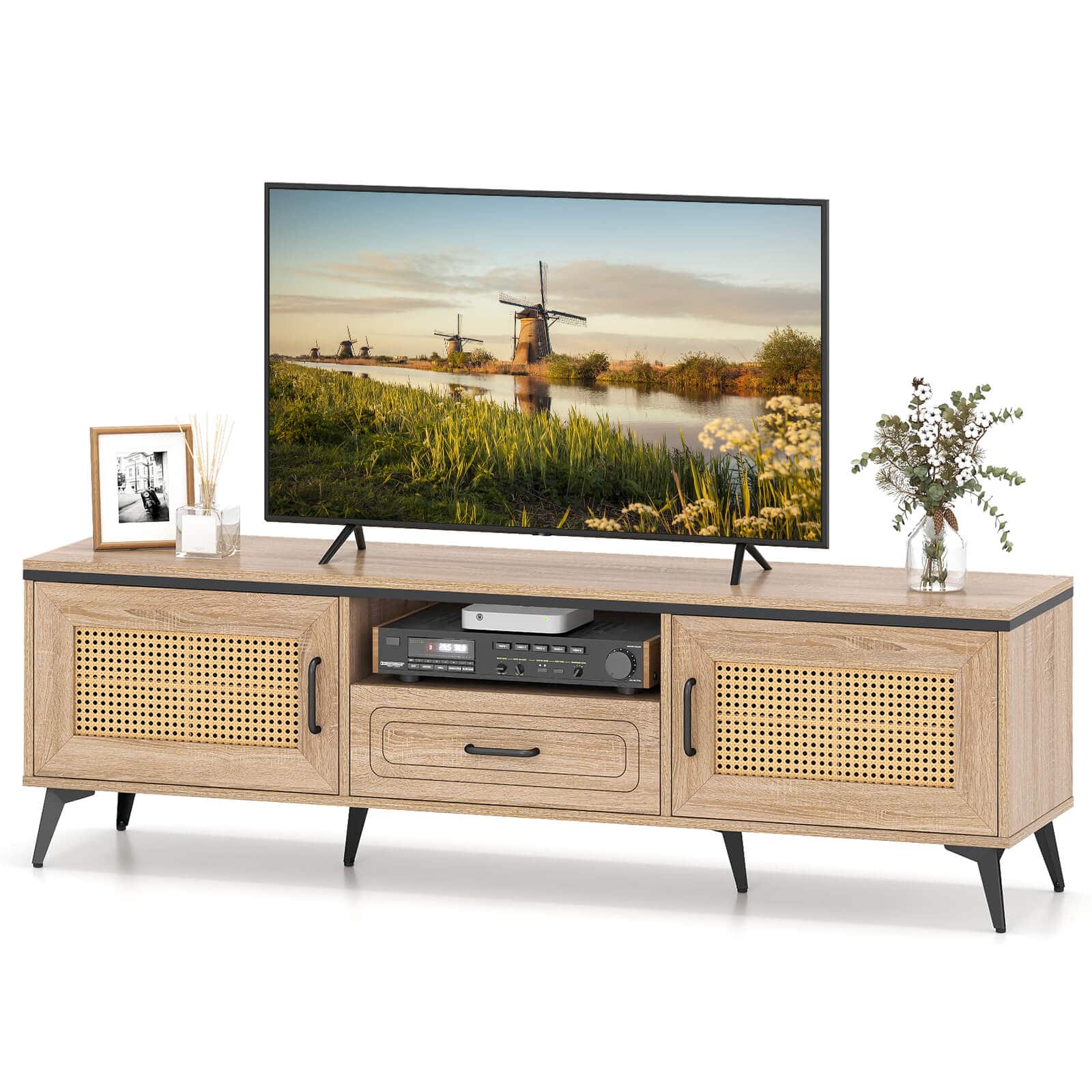 Front. Costway - Costway Boho TV Stand for 65 Inch TVs Modern Entertainment Center with Drawer 2 Storage - Brown.