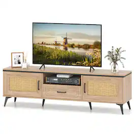 Costway - Boho TV Stand for 65 Inch TVs Modern Entertainment Center with Drawer 2 Storage - Brown