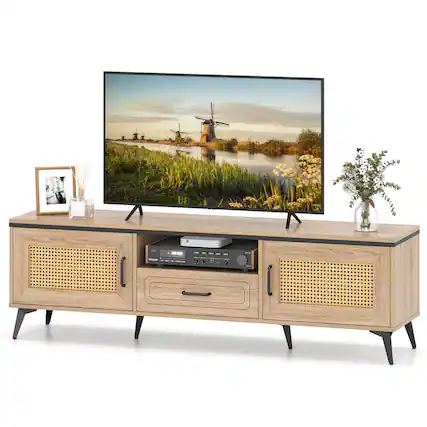 Front. Costway - Costway Boho TV Stand for 65 Inch TVs Modern Entertainment Center with Drawer 2 Storage - Brown.