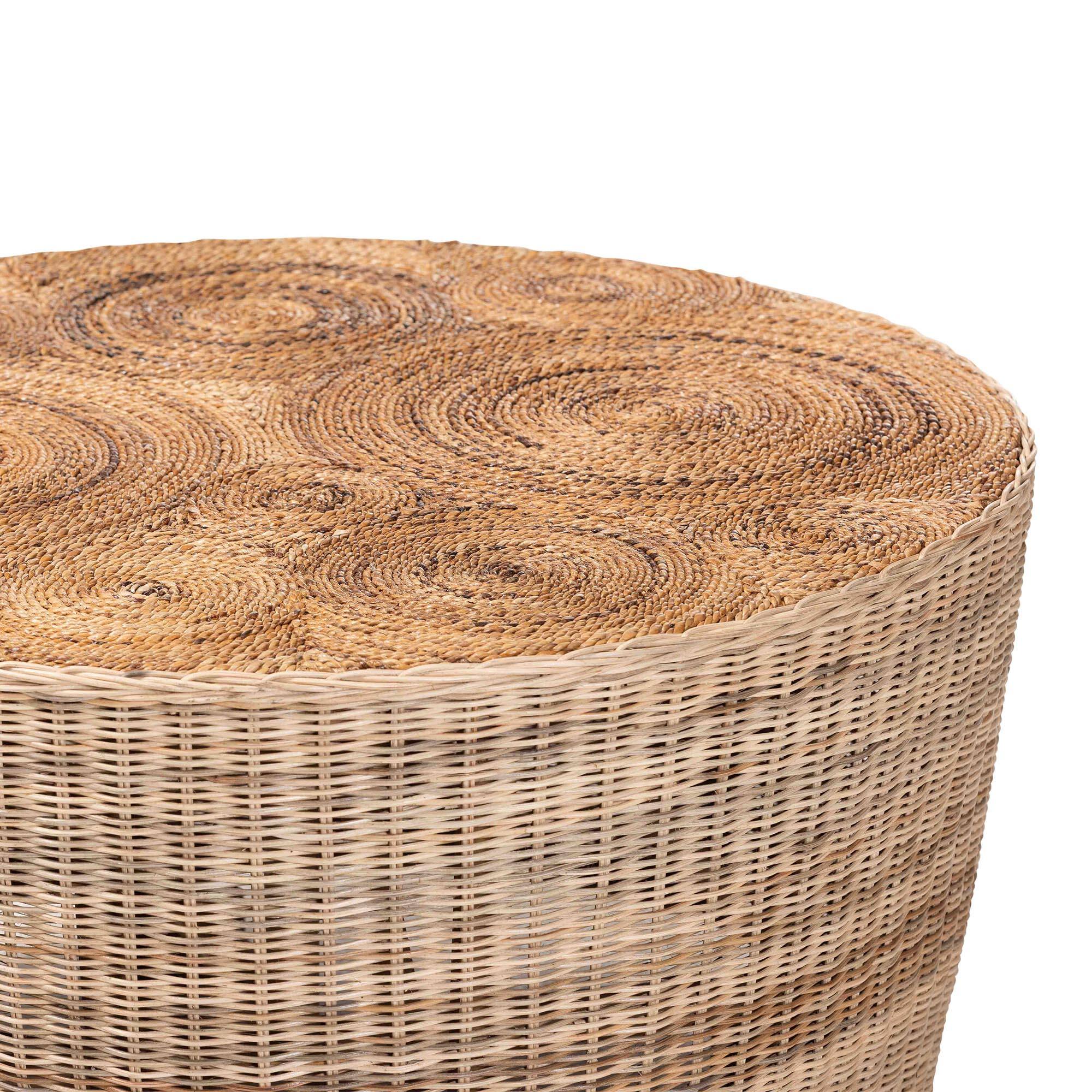 Angle. bali & pari - Hosanna Natural Rattan Coffee Table - Handwoven Wicker Accent Table with Textured Spiral Top for Living Room or Lounge - Natural Brown/Walnut Brown.