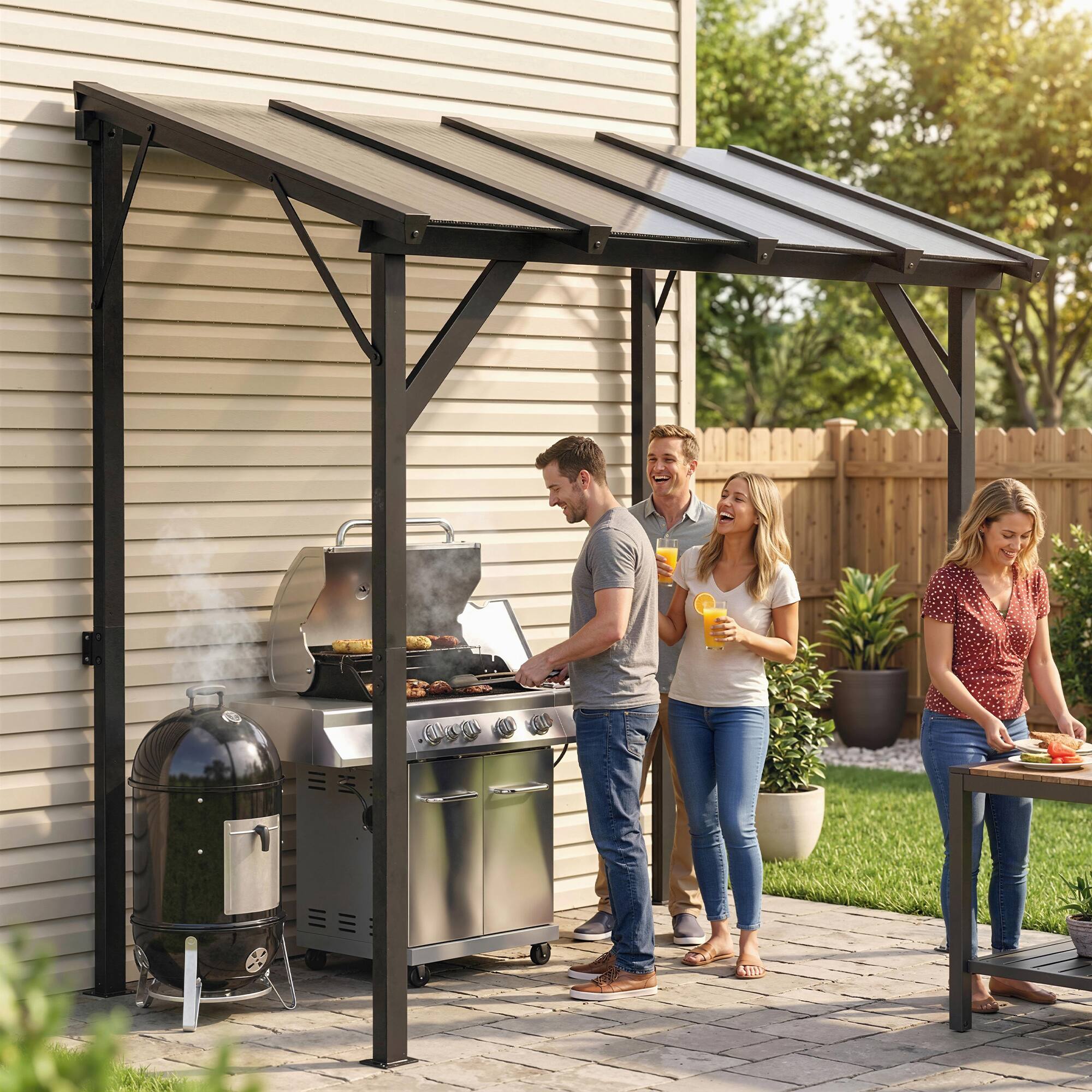 Alt View 1. Outsunny - 8' x 5' Hardtop Grill Gazebo, Lean-to BBQ Gazebo Shelter, Wall-Mounted Pergola with Polycarbonate Roof and Steel Frame.