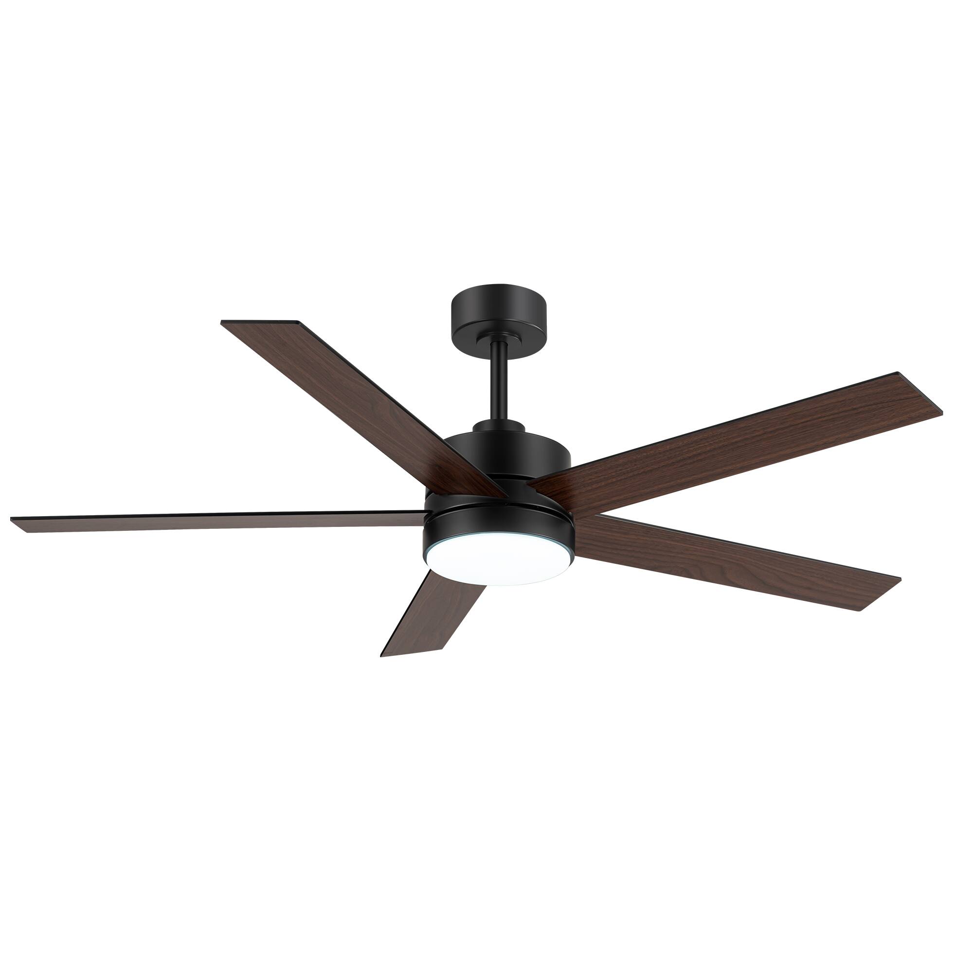 Angle. Breezary - 56-in Indoor Ceiling Fan with 6-Speed Reversible DC Motor, 3-Color Light, 6''/12'' Downrods, Remote Control - Matte Black and Dark Wood Grain.