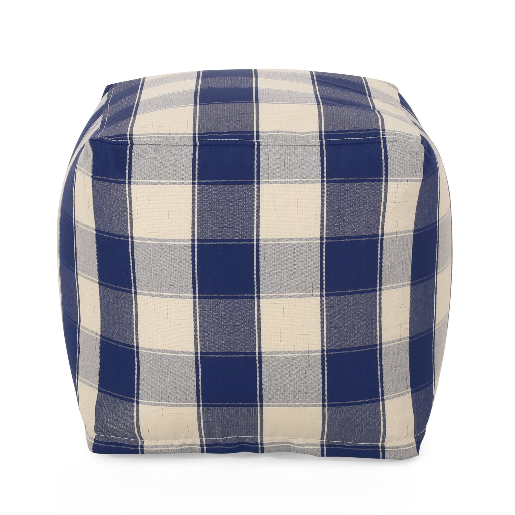 Angle. GOODSILO - Square Checkered Pouf Ottoman Floor Cushion Ivory Navy Blue Stylish Home Decor - Ivory+Navy.