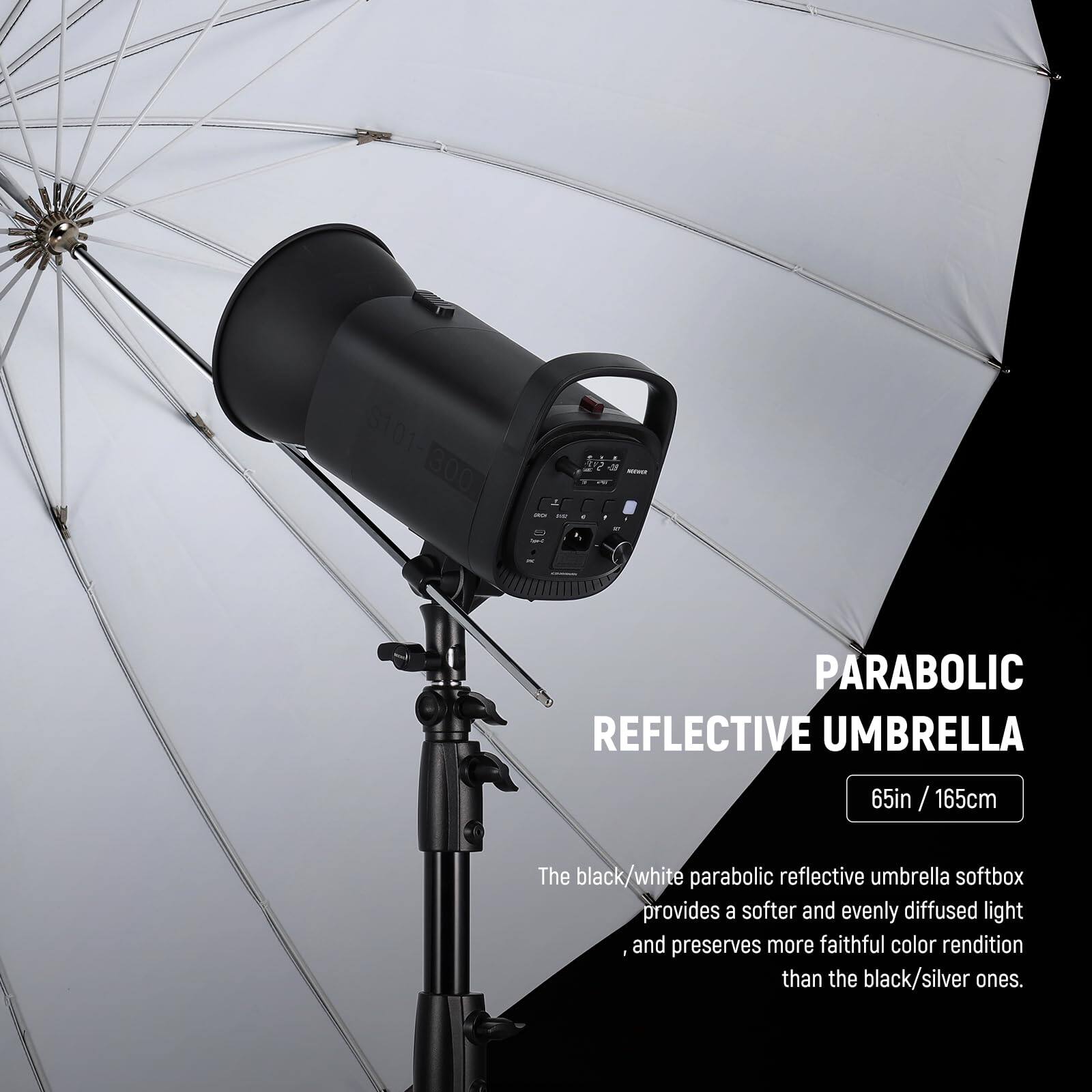S101-300  
PARABOLIC REFLECTIVE UMBRELLA  
65in / 165cm  

The black/white parabolic reflective umbrella softbox provides a softer and evenly diffused light, and preserves more faithful color rendition than the black/silver ones.