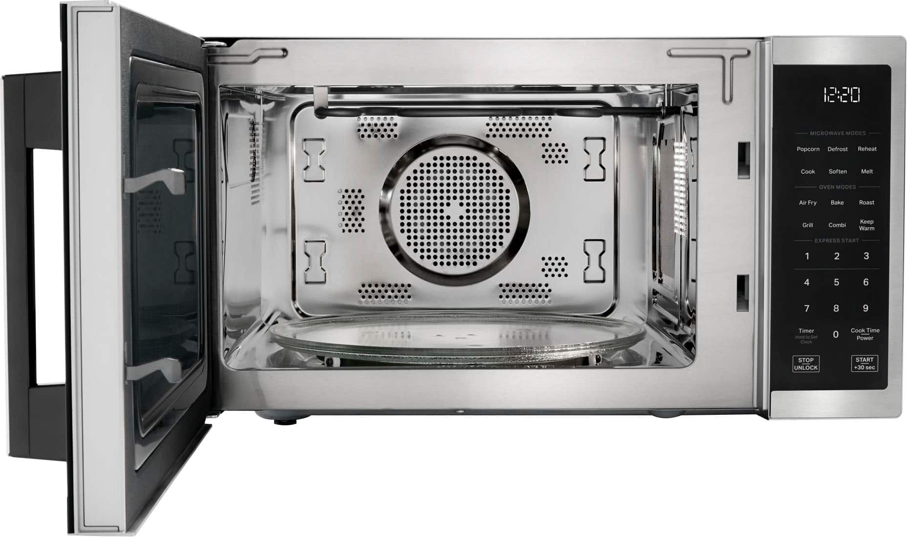 The text on the image reads: "12:20 MICROWAVE MODES Popcorn Defrost Reheat Cook Soften Meit OVEN MODES Air Fry Bake Roast Grill Combi Keep Warm EXPRESS START 1 2 3 4 5 6 7 8 9 Timer Hold - Set Cleck 0 Cook Time Power STOP UNLOCK START +30 B A."