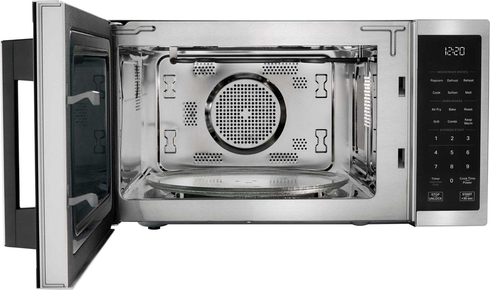 The text on the image reads: "12:20 MICROWAVE MODES Popcorn Defrost Reheat Cook Soften Meit OVEN MODES Air Fry Bake Roast Grill Combi Keep Warm EXPRESS START 1 2 3 4 5 6 7 8 9 Timer Hold - Set Cleck 0 Cook Time Power STOP UNLOCK START +30 B A."