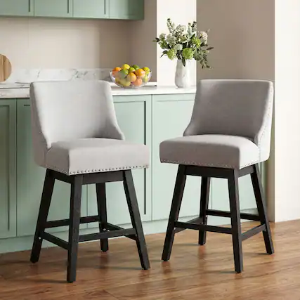 Front. Dyonery - Dyonery modern style kitchen countertop bar chair, 36-inch high bar, linen fabric, rotatable, two-piece,Grey - Grey.