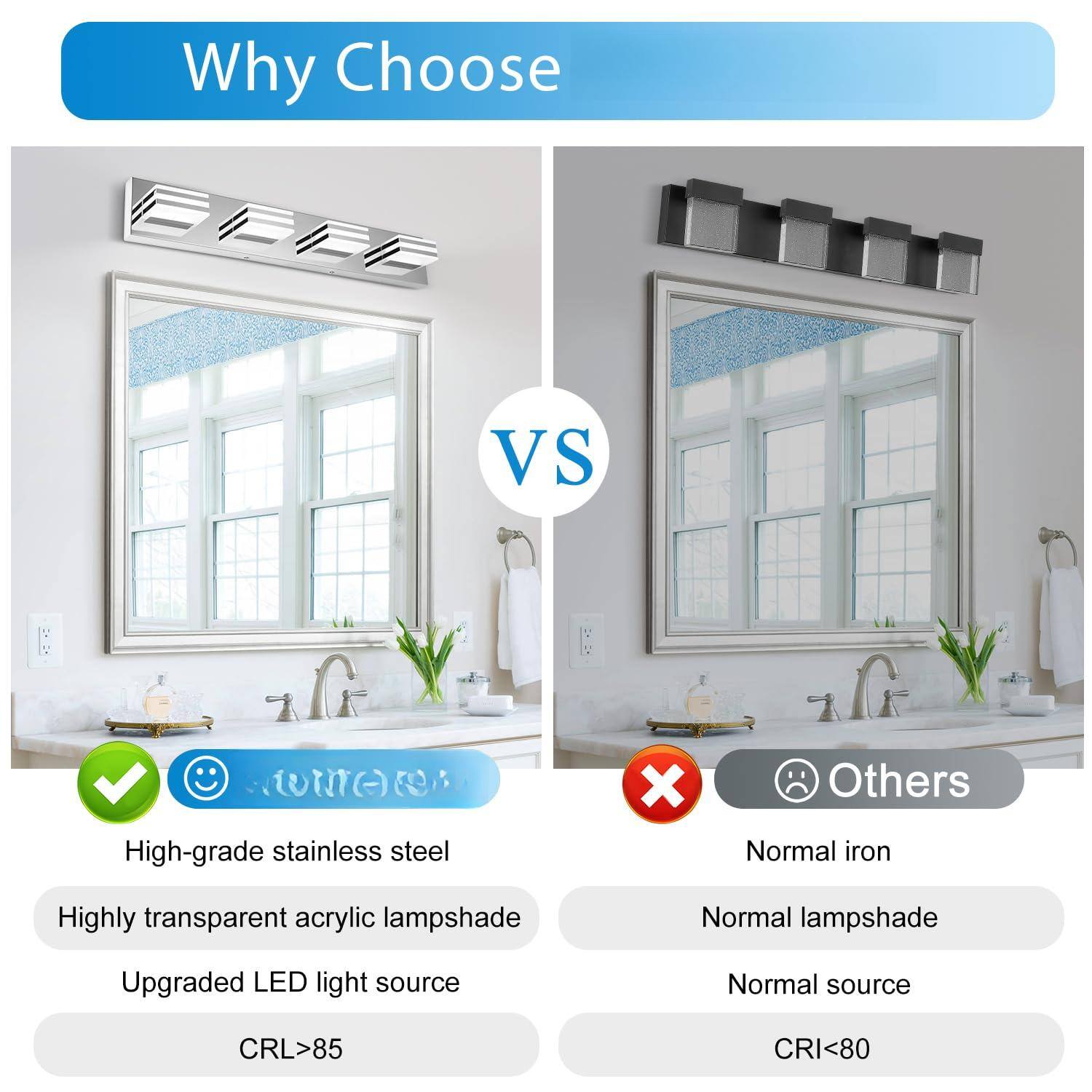 Why Choose

VS

High-grade stainless steel  
Highly transparent acrylic lampshade  
Upgraded LED light source  
CRL>85

Others

Normal iron  
Normal lampshade  
Normal source  
CRI<80