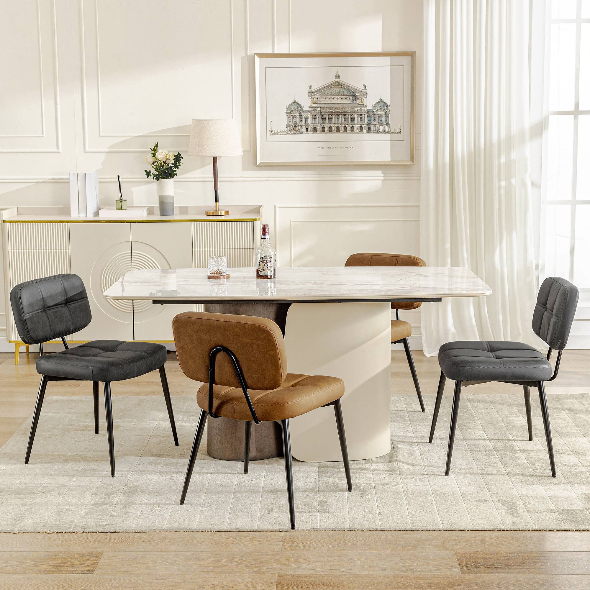 Alt View 6. KERDOM - Mid-Century Dining Chairs Set of 2, Vintage PU Leather Armless Kitchen Chair 2pcs, Thickened Cushion Coffee Corner Chair - Brown.