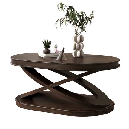 Front. GOODSILO - Elegant Oval Wood Coffee Table with X-Shaped Base and Open Storage for Living Room and Home Office - Espresso.