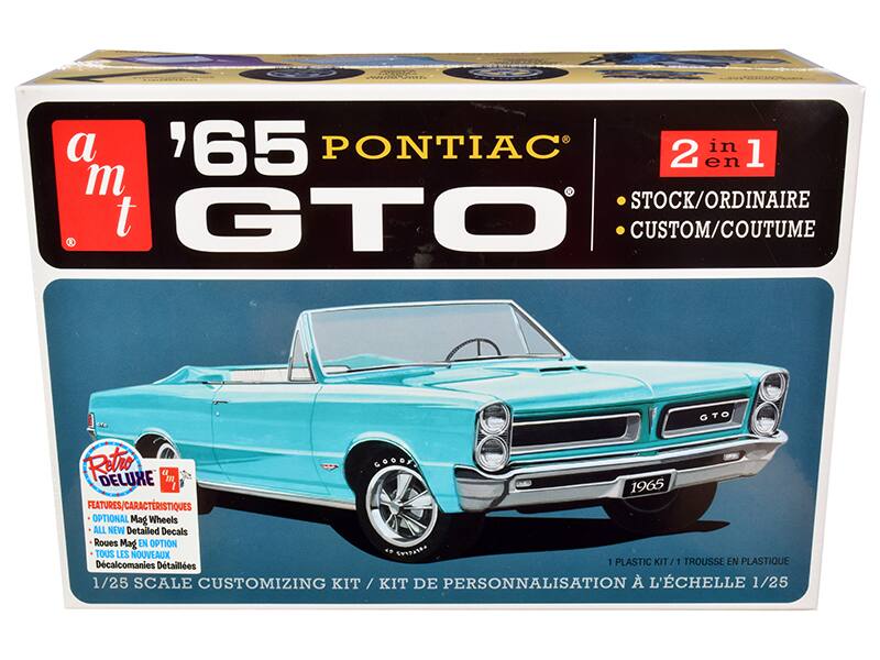 a m t  
165 PONTIAC GTO  
2 en 1  
STOCK/ORDINAIRE  
CUSTOM/COUTUME  

Retro DELUXE  
FEATURES/CARACTÉRISTIQUES  
- OPTIONAL Mag Wheels  
- ALL NEW Detailed Decals  
- Roues Mag EN OPTION  
- TOUS LES NOUVEAUX  
  DÉCALCOMANIES DÉTAILLÉES  

1 PLASTIC KIT / 1 TROUSSE EN PLASTIQUE  
1/25 SCALE CUSTOMIZING KIT / KIT DE PERSONNALISATION À L'ÉCHELLE 1/25