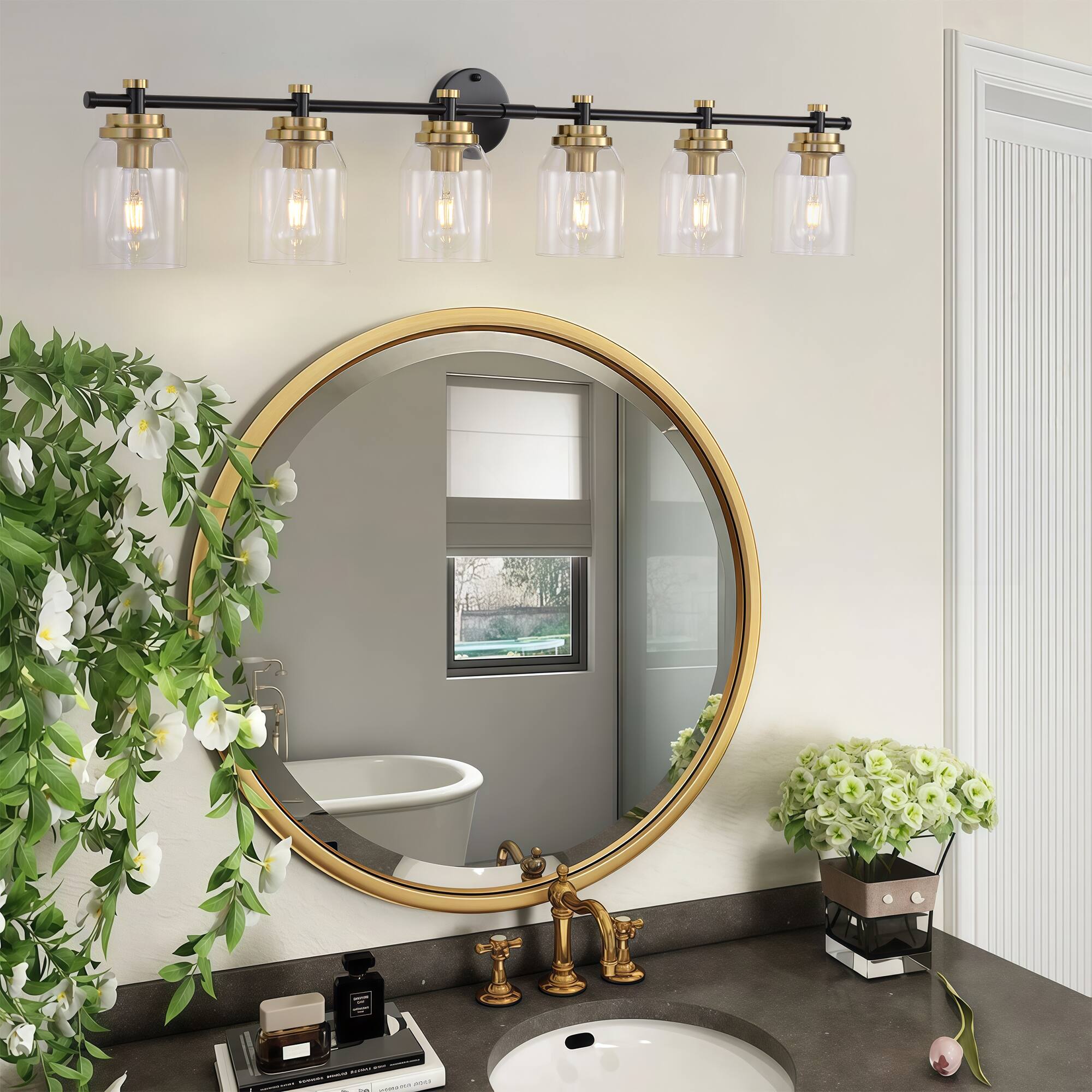 Angle. RYHNUYNE - 6 Light Bathroom Vanity Light Black Gold Bathroom Light Fixture Over Mirror Lighting Fixtures with Clear Glass Shade.
