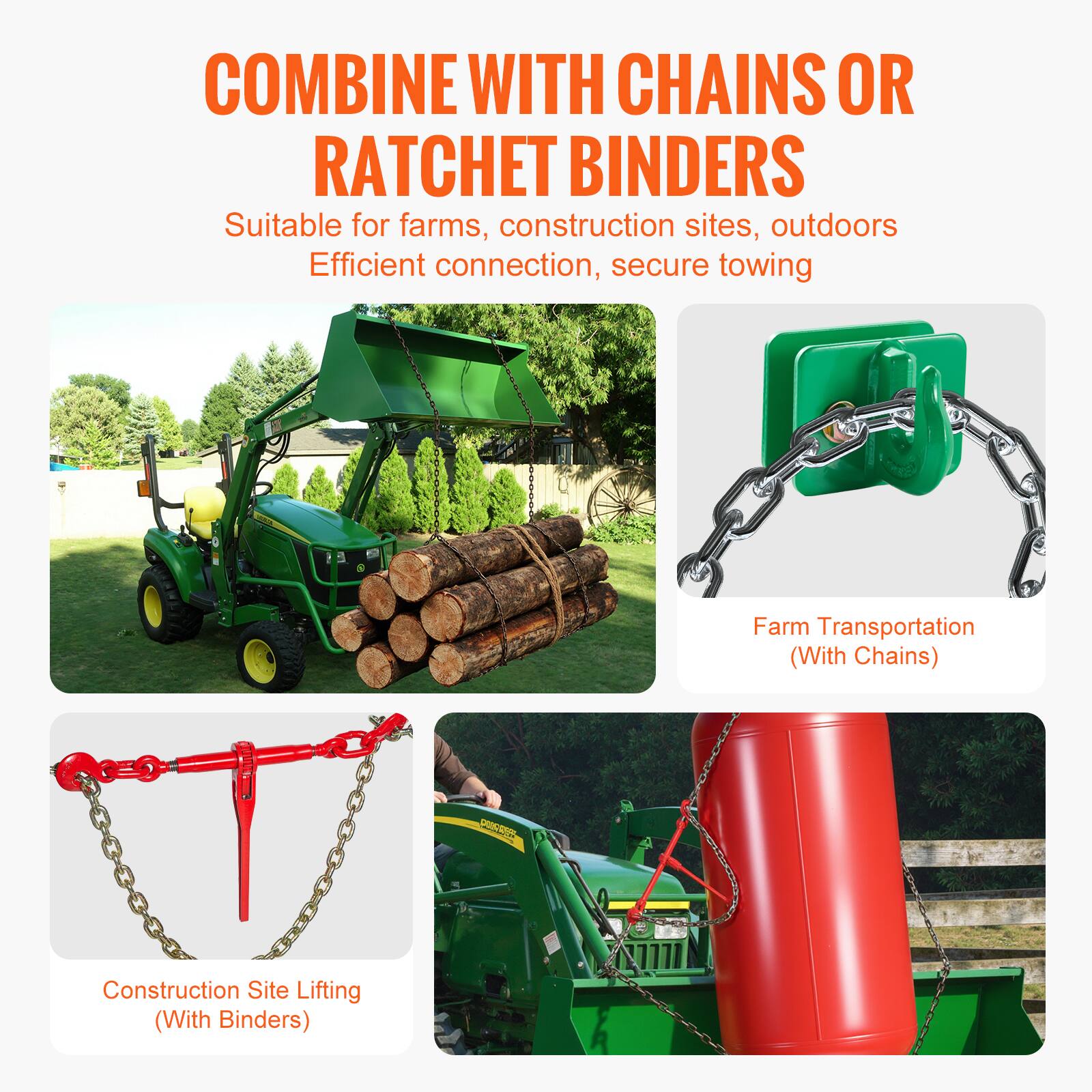 COMBINE WITH CHAINS OR RATCHET BINDERS

Suitable for farms, construction sites, outdoors  
Efficient connection, secure towing

Farm Transportation (With Chains)

Construction Site Lifting (With Binders)