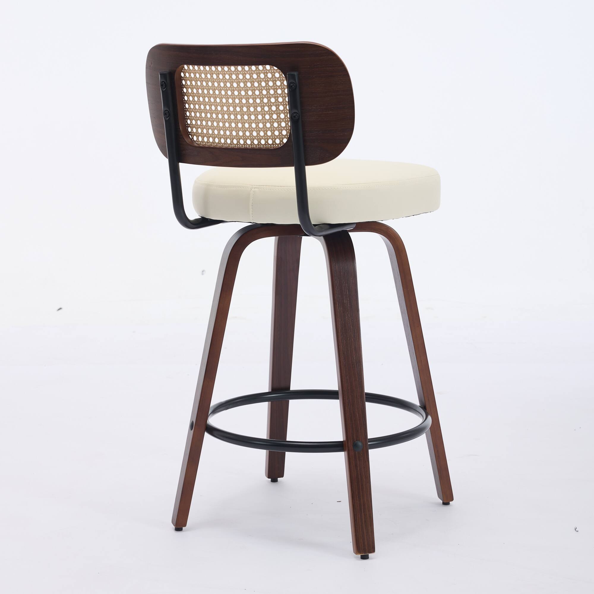 Alt View 1. APRILSOUL - Set of 2 Counter Height Bar Stools 26 inch Rattan Cane Back Upholstered Seat Walnut Swivel - Beige.