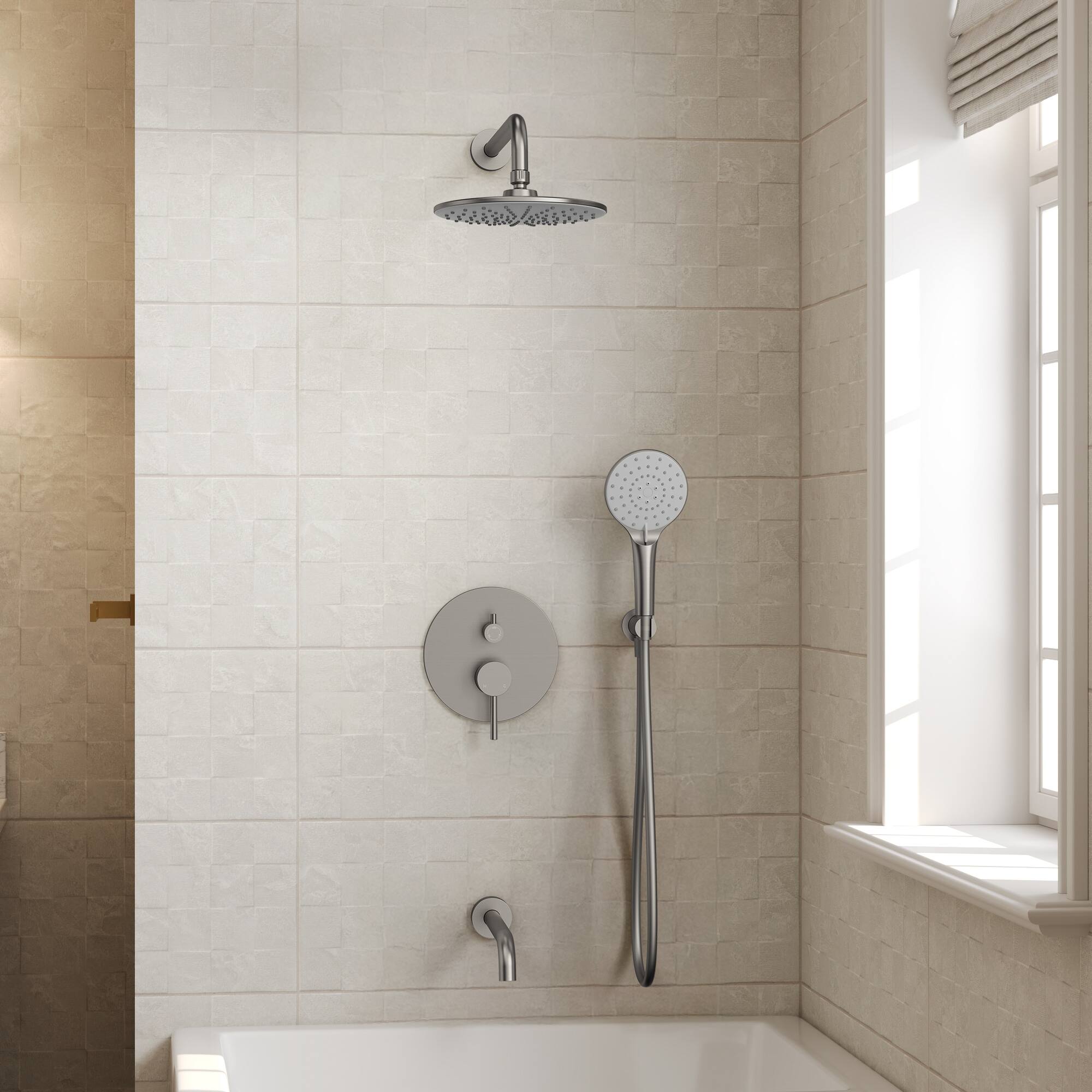 Angle. GRANDJOY - 3-Function Shower Faucet Set with 10" Rainfall Head, Handheld Sprayer and Shower Valve Combo - Brushed Nickel.