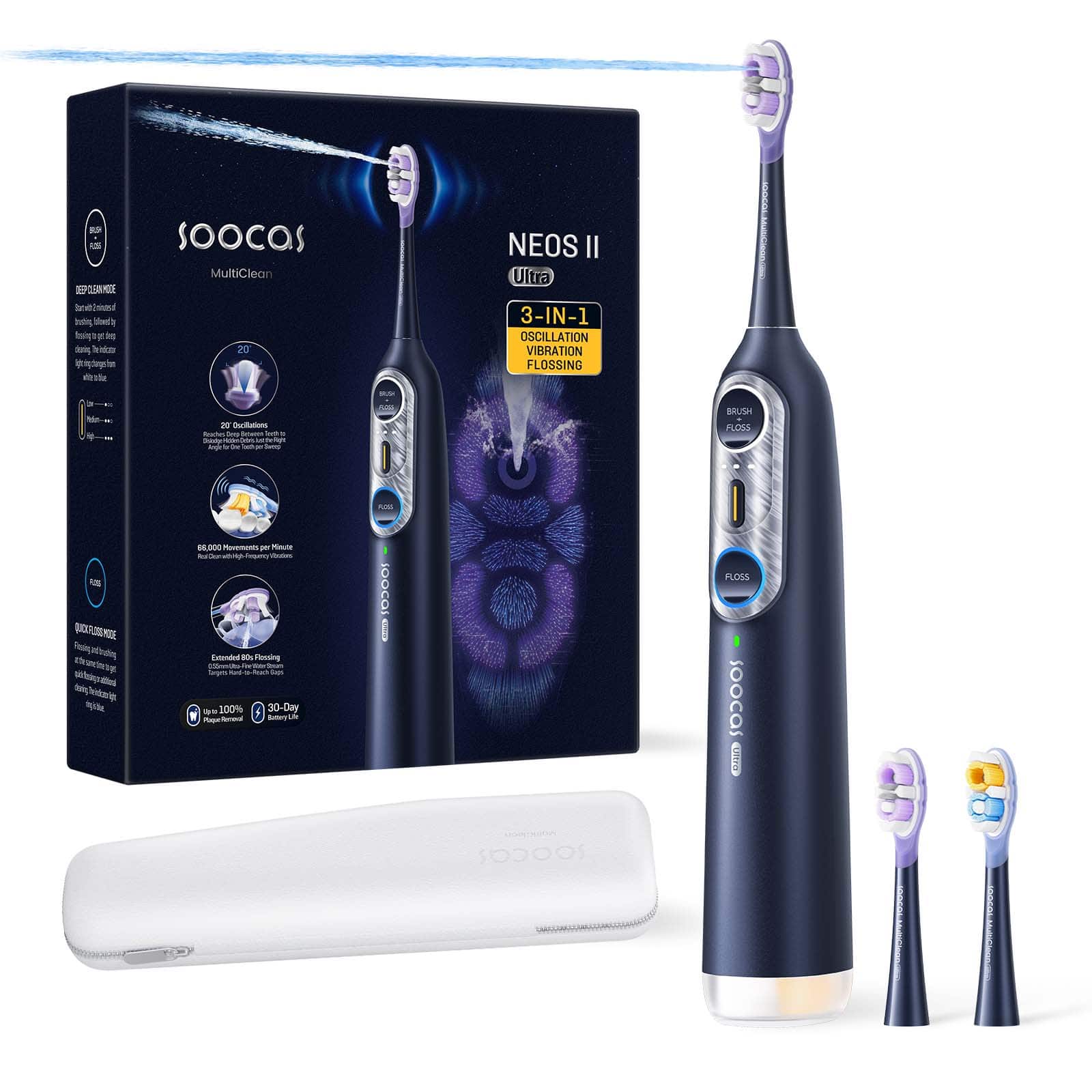 Soocas - NEOS II Ultra – Electric Toothbrush with Water Flosser Combo, 3-in-1: Flosses, Vibrates and Oscillates - Midnight Blue