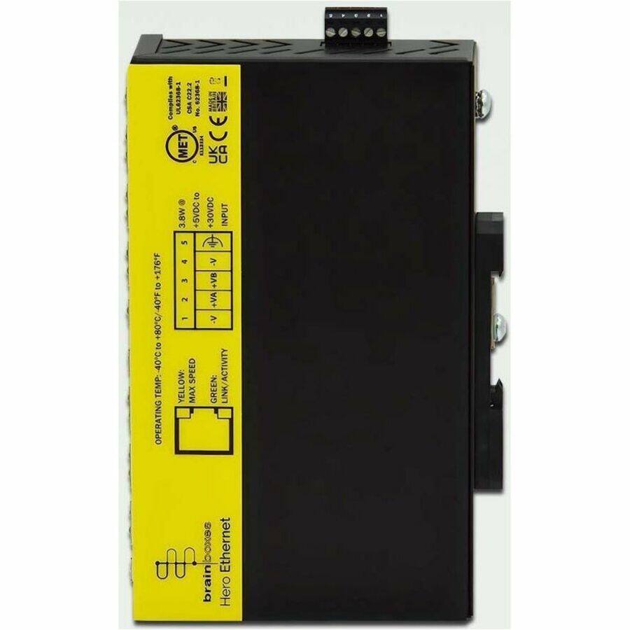 +176F  40F +80C/  40C TEMP: OPERATING

with Compties

UL62368-1 022.2 62368-1 CSA No. MET  UK to 3.8W +5VDC +30VDC 5 4 - 3 +VB 2 +VA L A- YELLOW: SPEED GREEN: MAX brain

CA INPUT ACTIVITY LINK Ethernet Hero