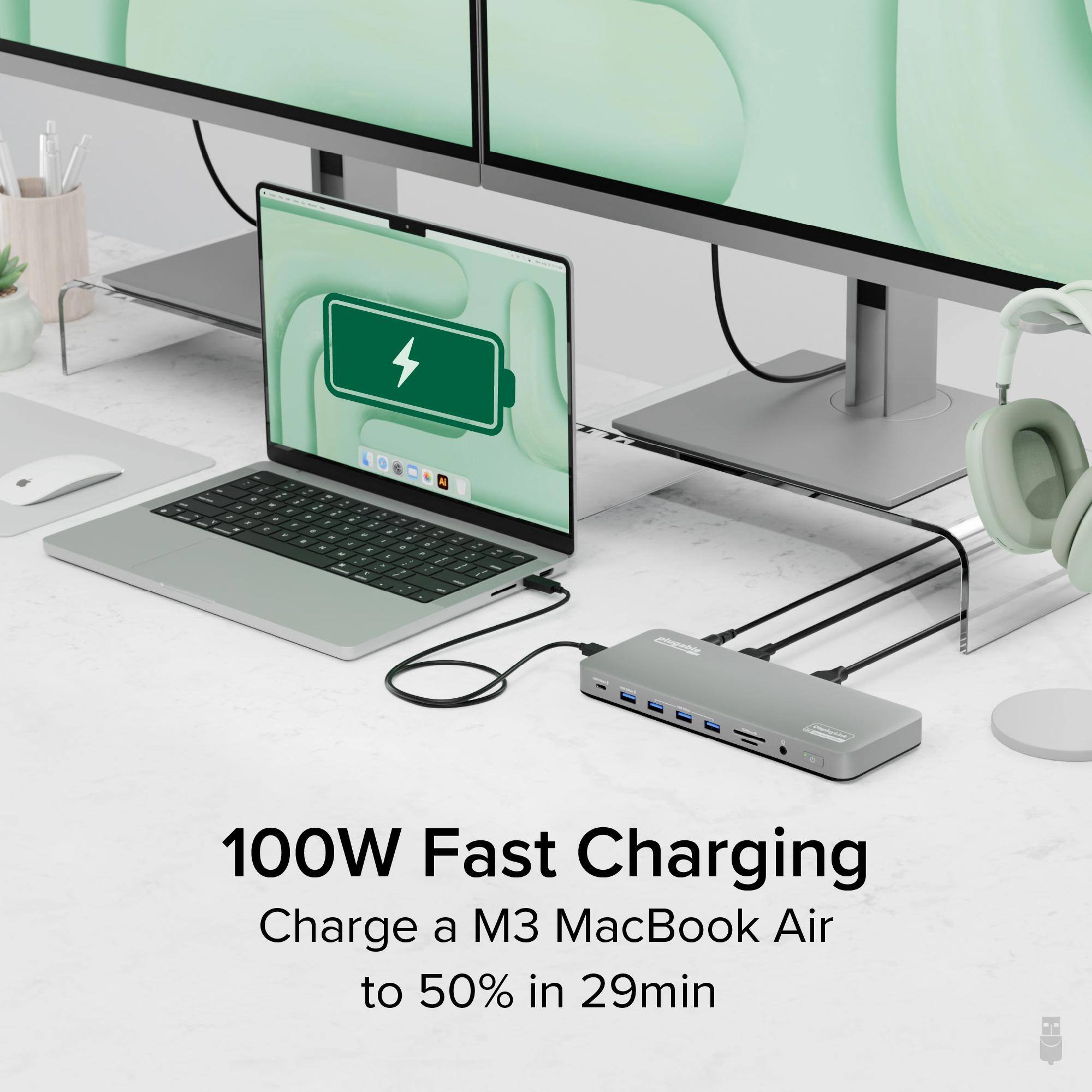 100W Fast Charging
Charge a M3 MacBook Air to 50% in 29min