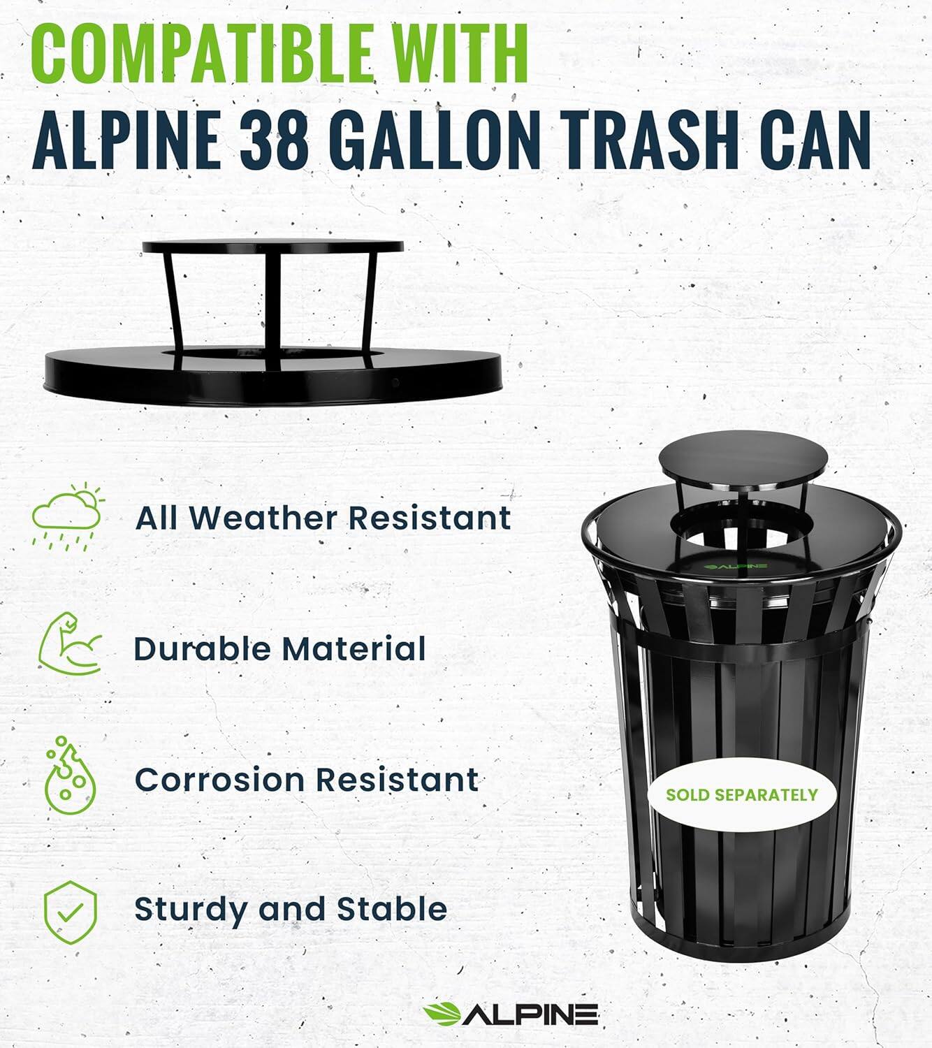 COMPATIBLE WITH ALPINE 38 GALLON TRASH CAN, All Weather Resistant, Durable Material, Corrosion Resistant, Sturdy and Stable, ALPINE