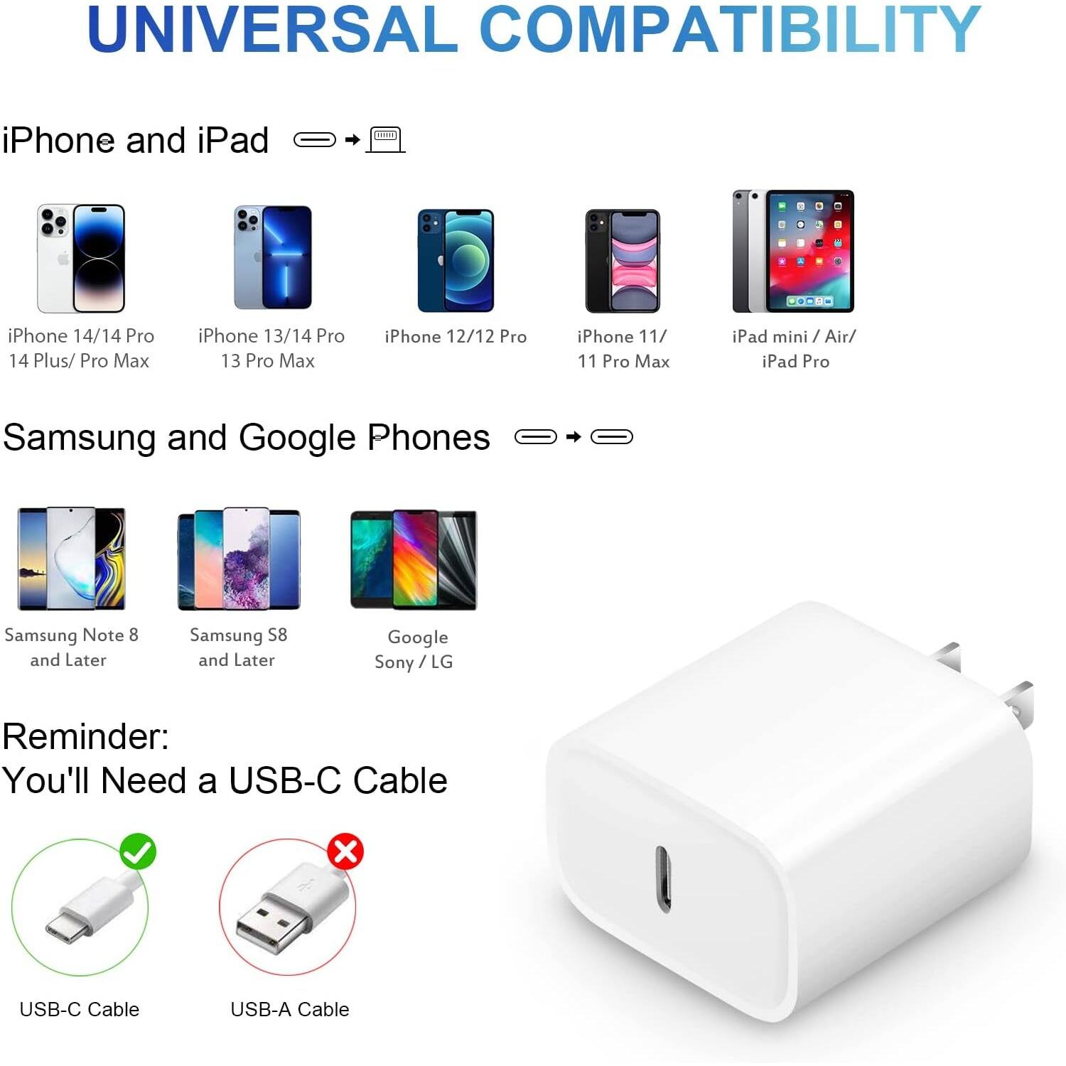 UNIVERSAL COMPATIBILITY

iPhone and iPad
iPhone 14/14 Pro 14 Plus/ Pro Max
iPhone 13/14 Pro 13 Pro Max
iPhone 12/12 Pro
iPhone 11/ 11 Pro Max
iPad mini / Air/ iPad Pro

Samsung and Google Phones
Samsung Note 8 and Later
Samsung S8 and Later
Google Sony / LG

Reminder: You'll Need a USB-C Cable
USB-C Cable
USB-A Cable