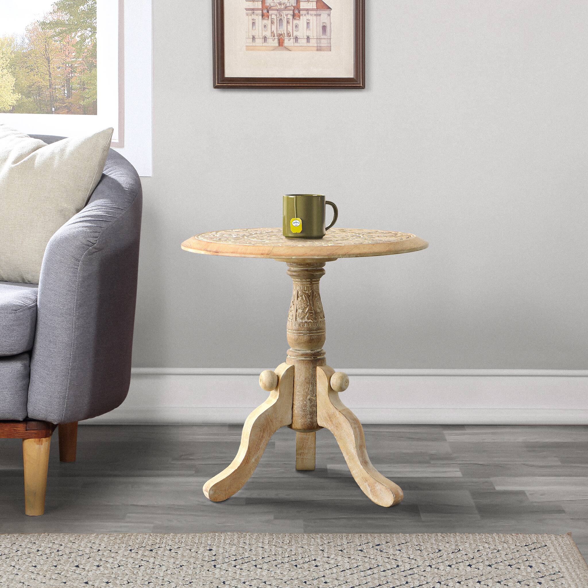 Alt View 9. Manhattan Lane - Intricately Carved Round Top Mango Wood Side End Table with Pedestal Base - Brown and White.